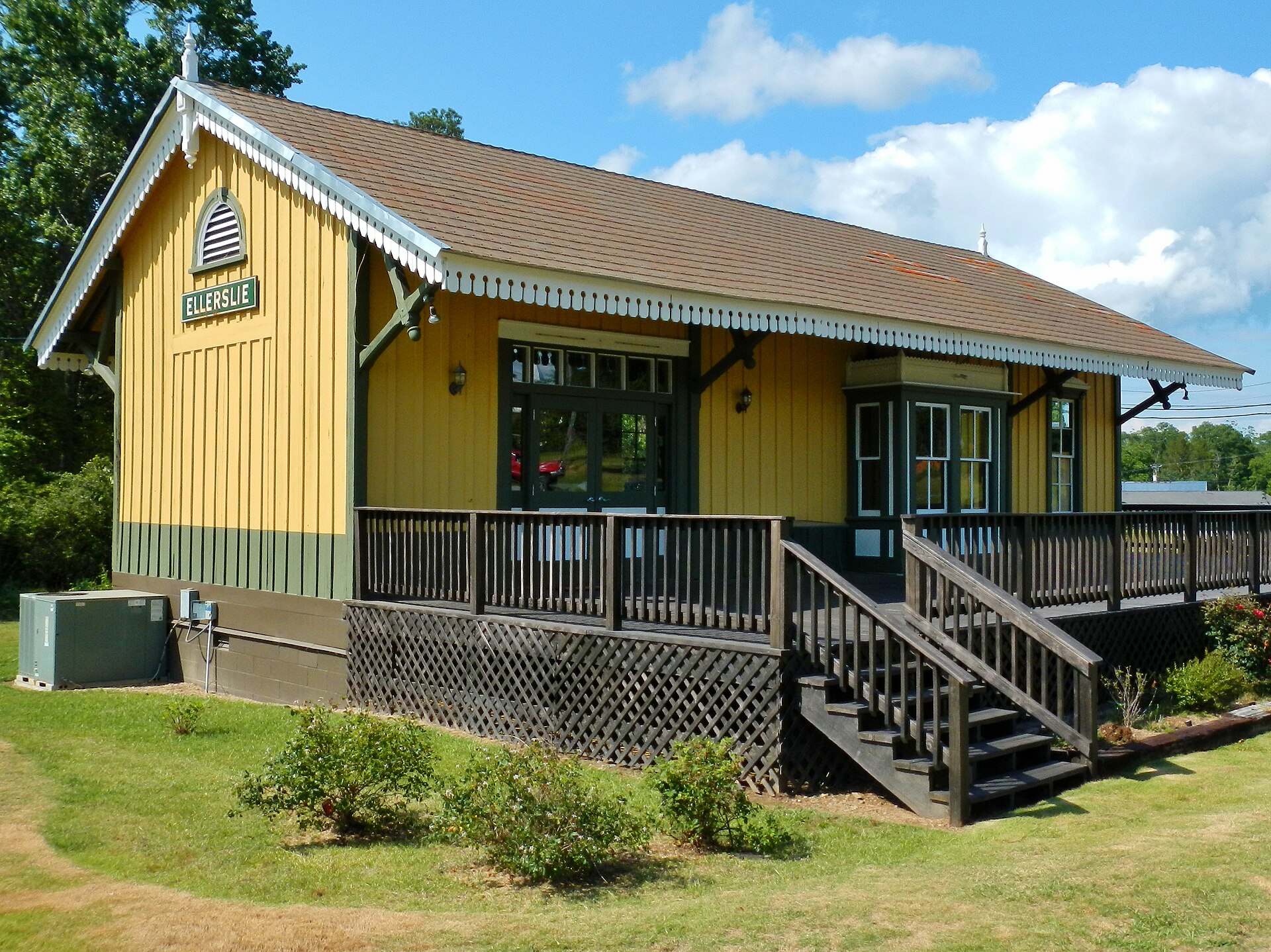 This is a photograph of the depot (circa 1891) in Ellerslie, GA. — Georgia