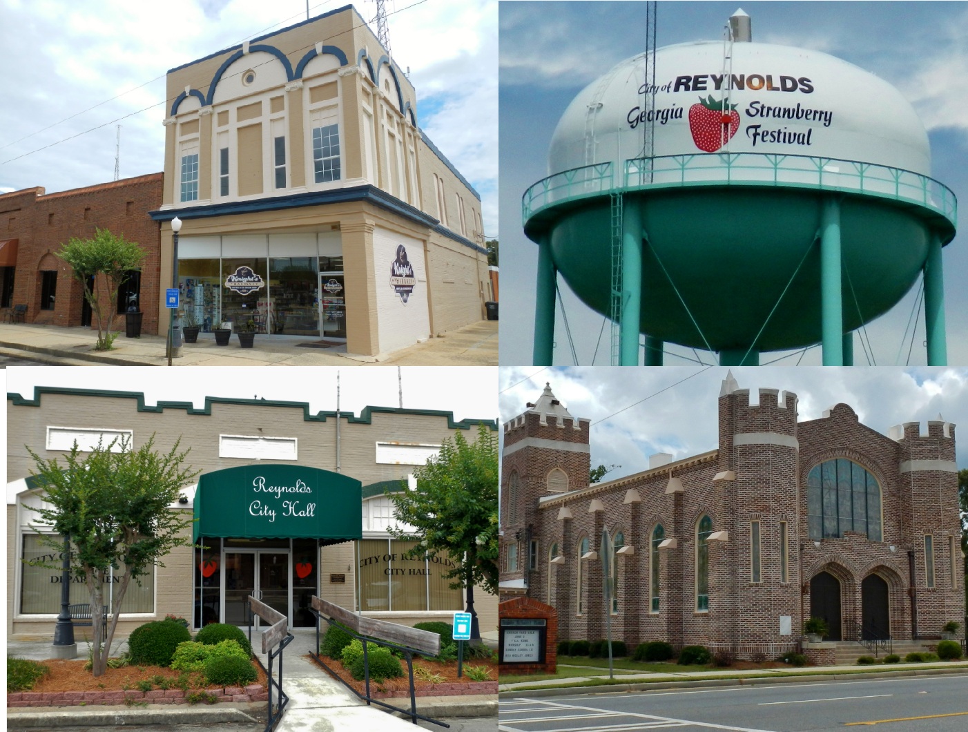 This is a photo collage of Reynolds, GA. Clockwise from top right: Water tower, Reynolds Methodist Church, Reynolds City Hall, Knight's Pharmacy. — Georgia