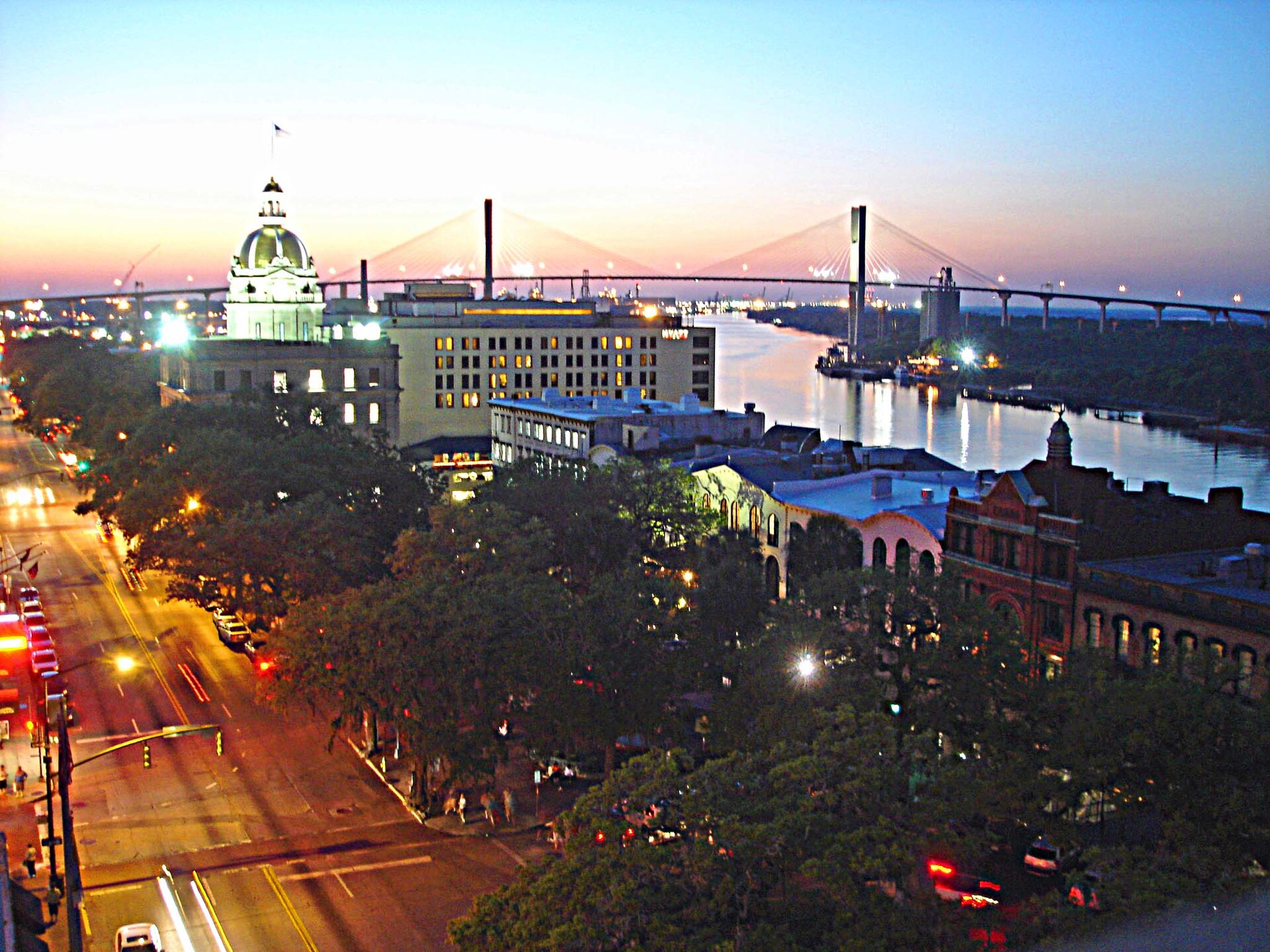 Evening rooftop view of Savannah, Georgia, U.S., taken near corner of Abercorn St and Bay St., looking northwest