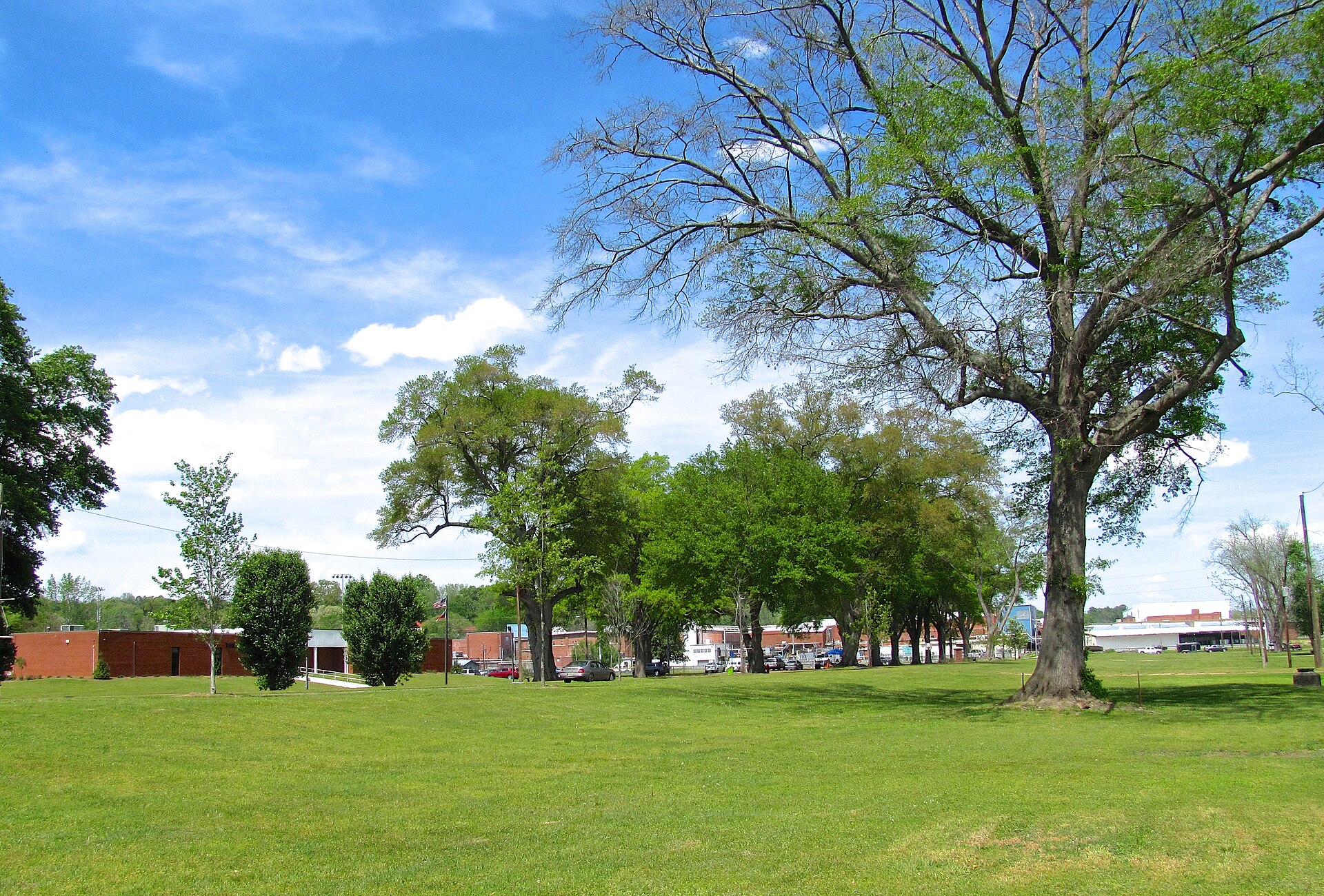 Park in Trion, Georgia, United States, with Trion Town Hall on the left, and Mount Vernon Mills in the background on the right.