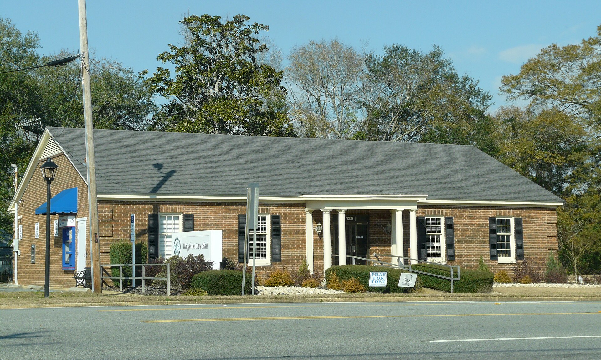 Whigham City Hall, 126 E. Broad Avenue, Whigham, Grady County, Georgia. Formerly a Capital City Bank branch - and still has the ATM!