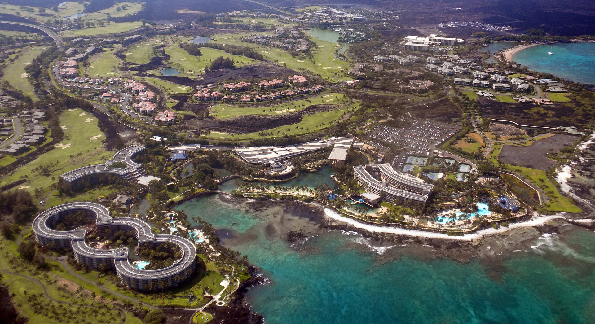 Aerial of the Hilton Waikoloa, located along the South Kohala coast on the Big Island of Hawaii — Hawaii County, Hawaii