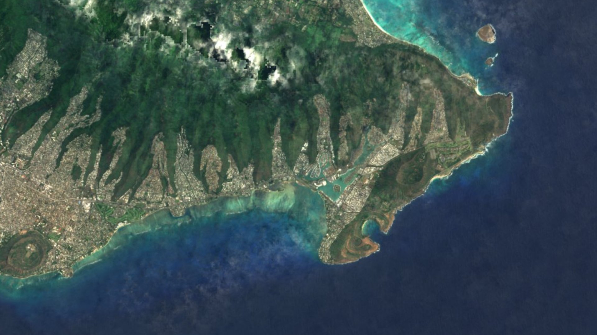 Satellite photograph of the landscape around East Honolulu, Hawaii, captured in 2016