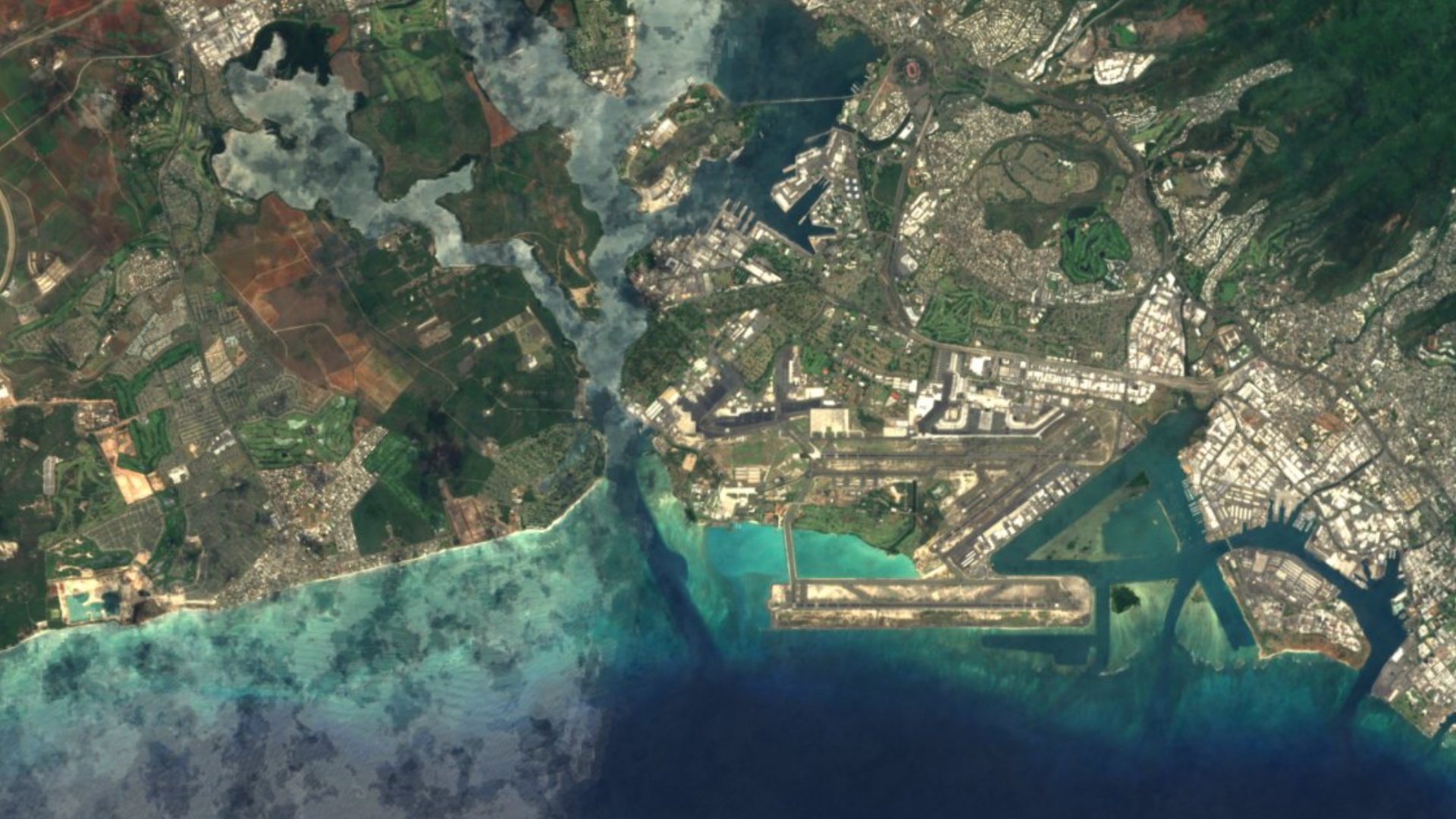 Satellite photograph of the landscape around Hickam Housing, Hawaii, captured in 2016