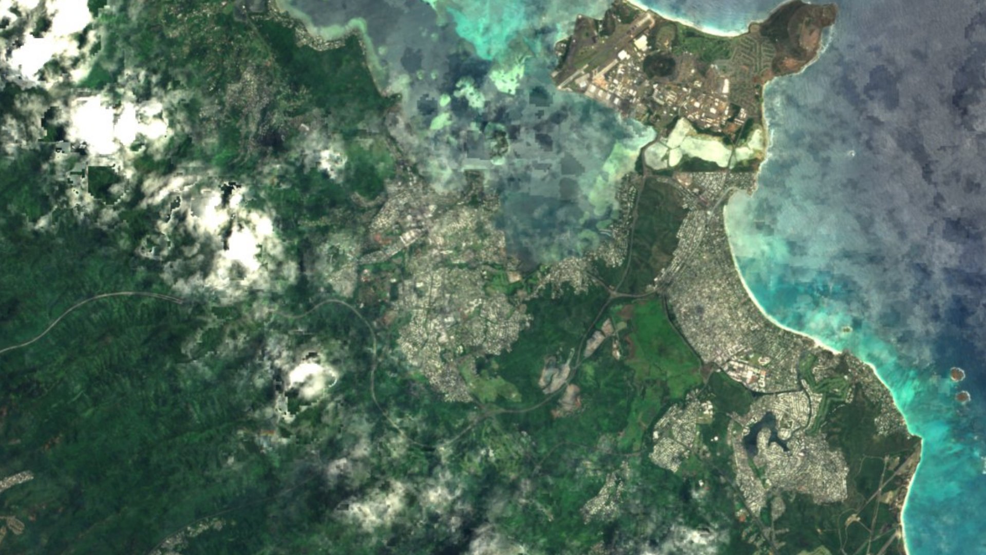 Satellite photograph of the landscape around Kaneohe, Hawaii, captured in 2016