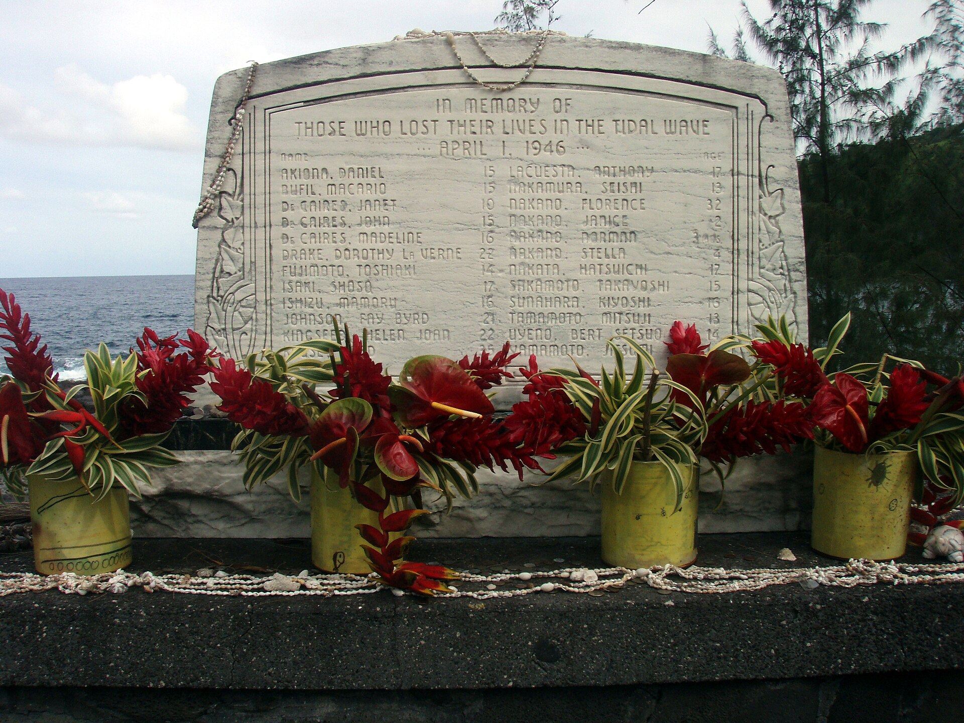 A monument to the victims of the tsunami at Laupahoehoe, Hawaii on April 1, 1946
