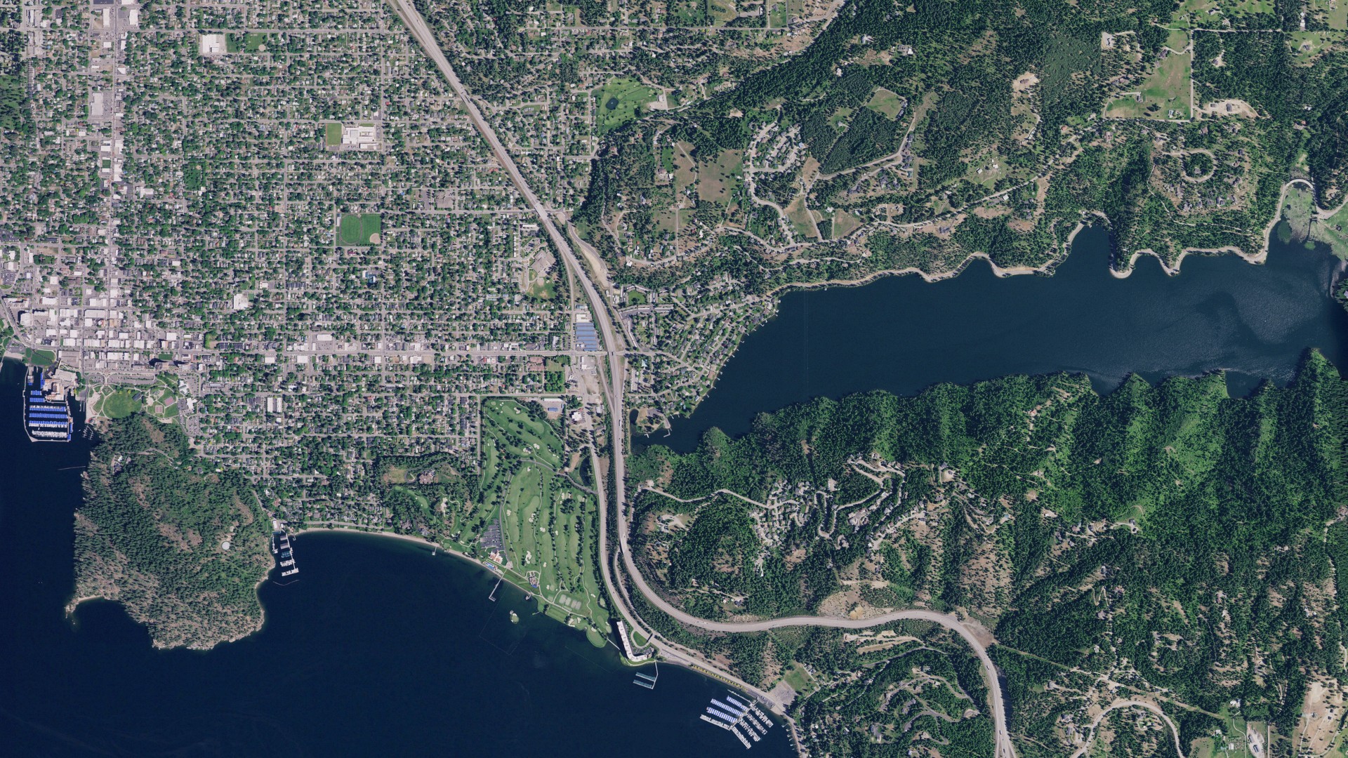Natural-color aerial photograph of land around Fernan Lake Village, Idaho