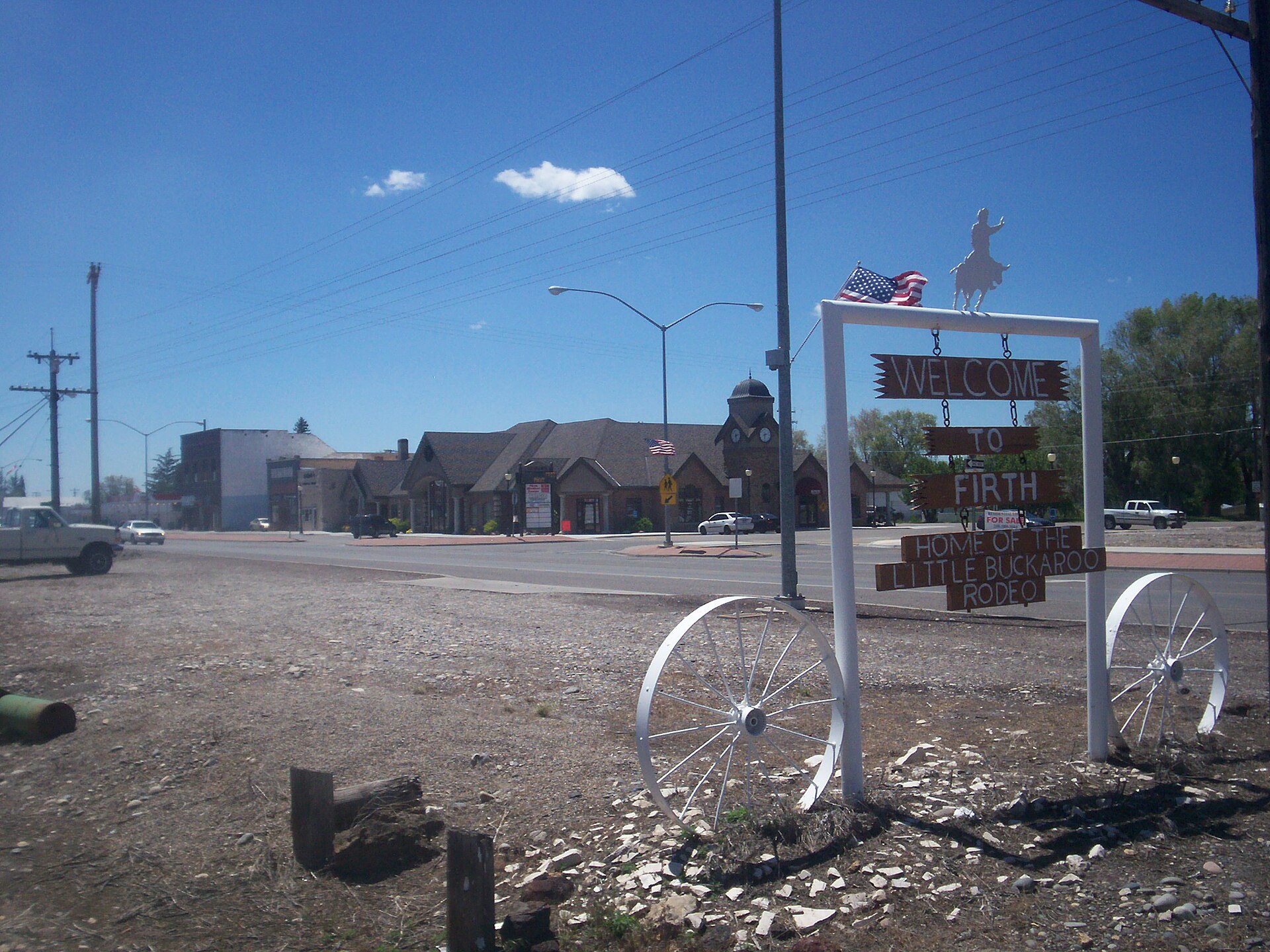 The welcome sign in Firth Idaho. The sign advertises the Little Buckaroo Rodeo, which is a rodeo for children.