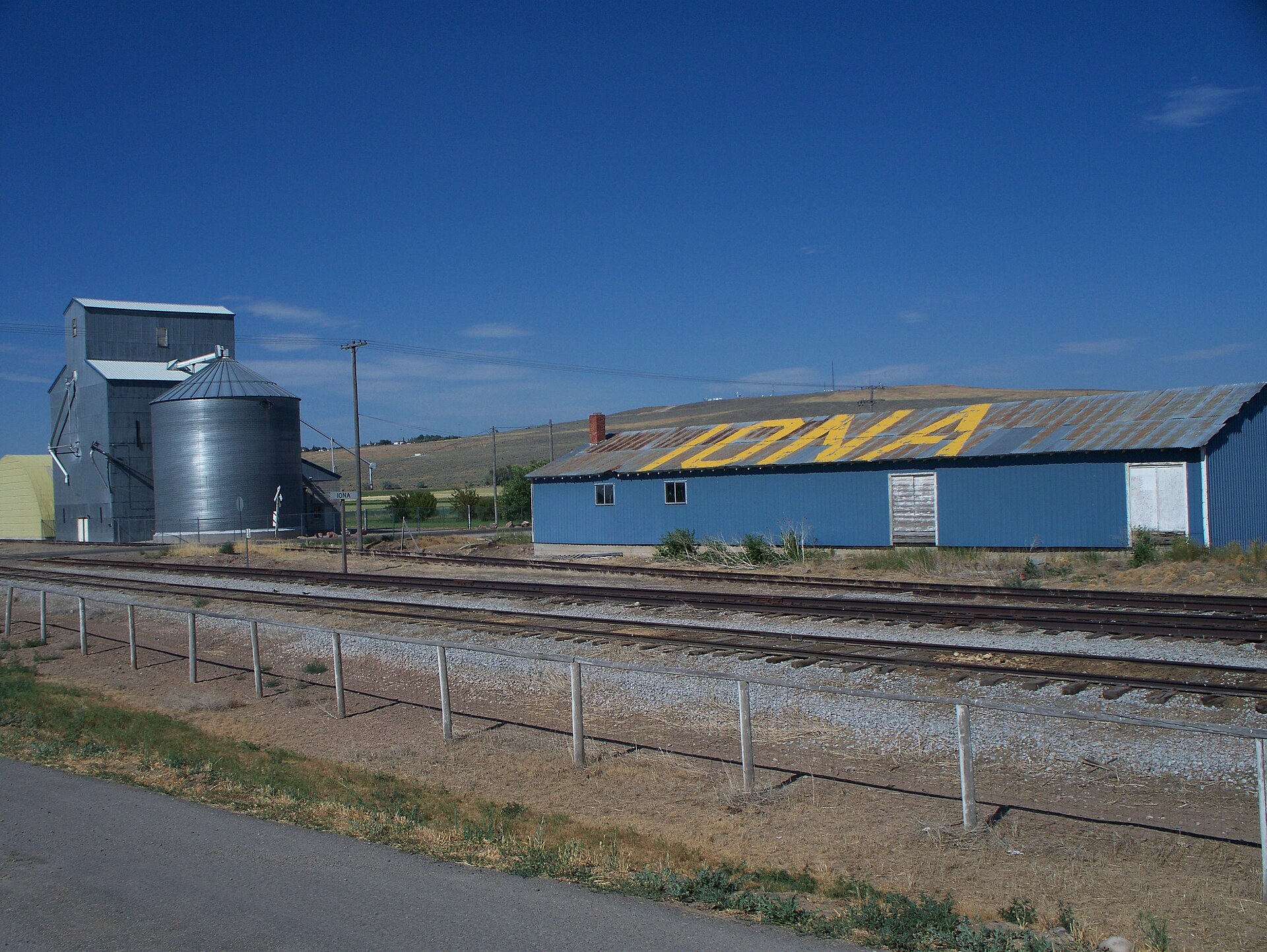 Grain elevator along a train stop in Iona, Idaho.