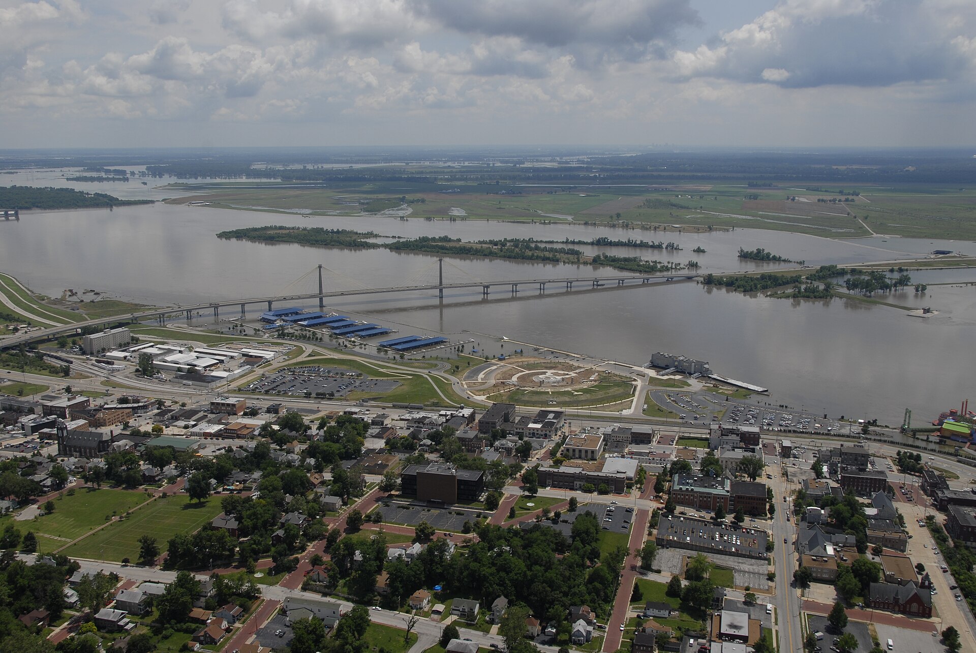 An aerial view of Alton, Ill., taken June 20, 2008, shows flooding of the Mississippi River. — Illinois