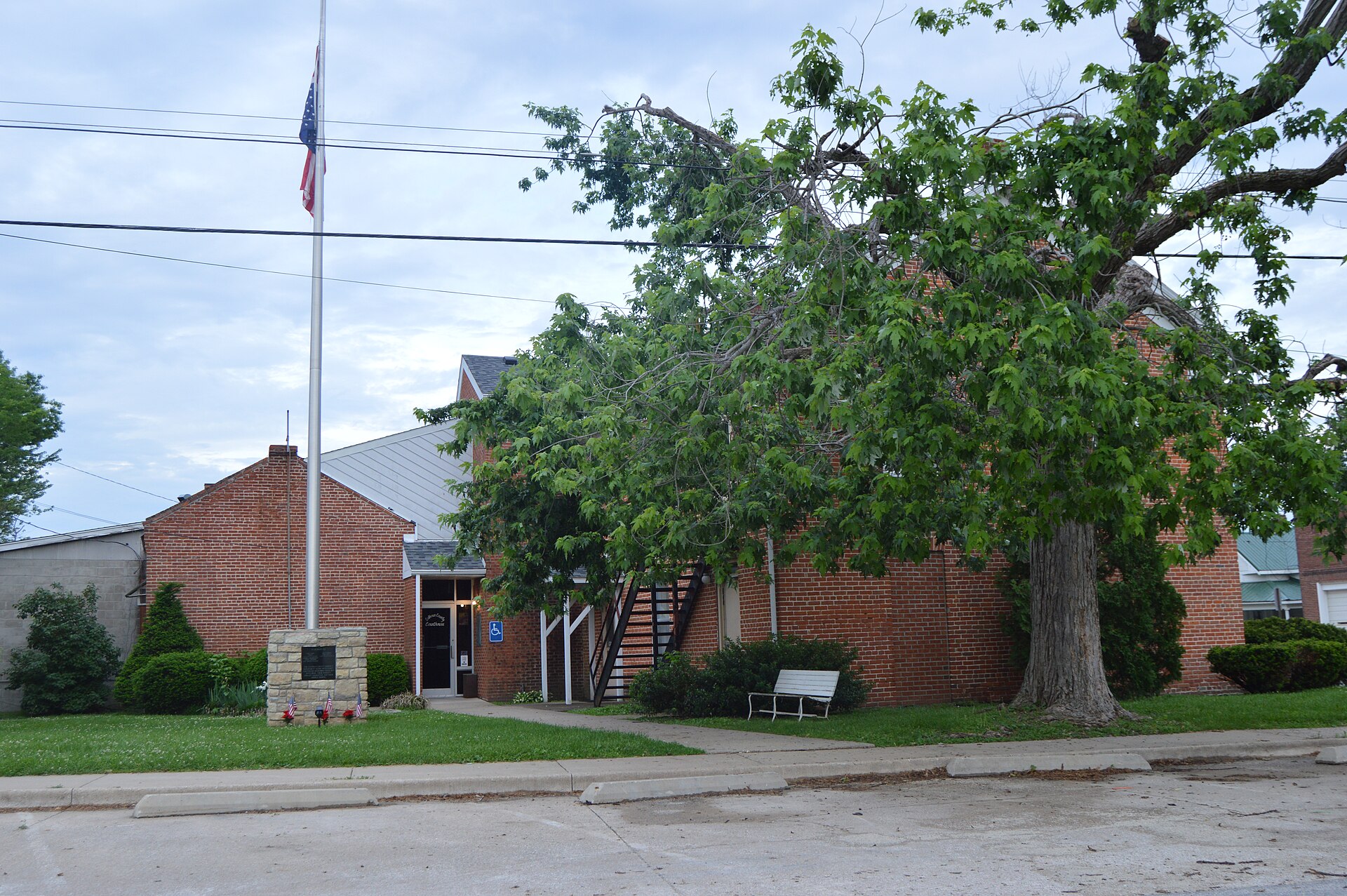 Western side of the Calhoun County Courthouse, located on the northeastern corner of the junction of County and Main Streets in Hardin, Illinois, United States. It was built in 1848 and later expanded.