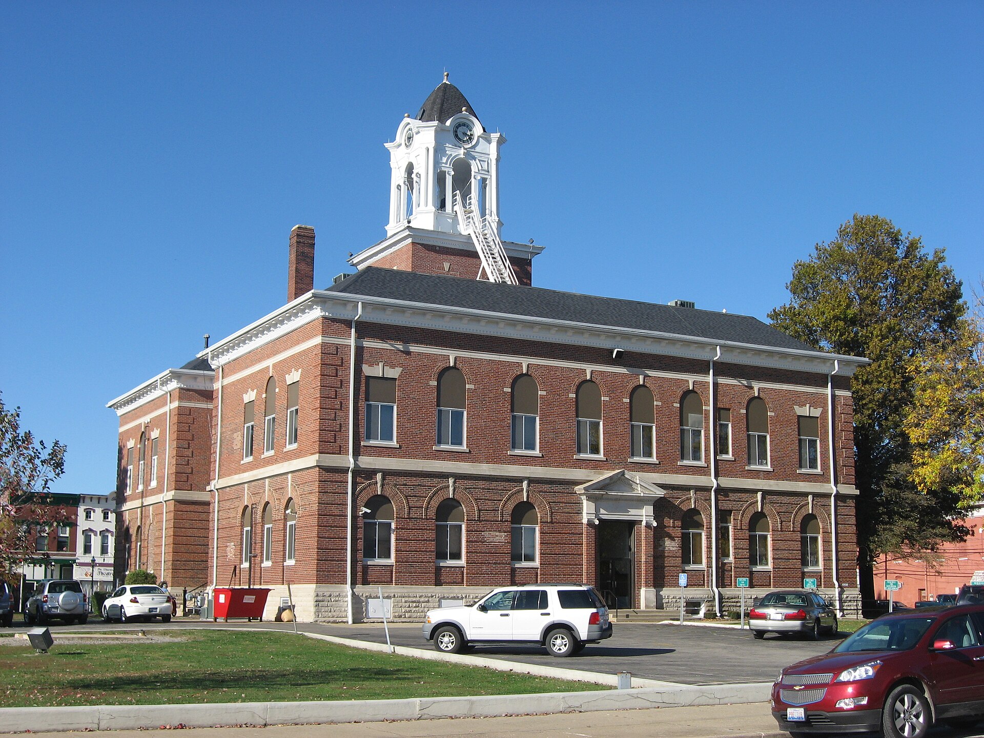 Southern and western sides of the Clark County Courthouse, located on Courthouse Square in Marshall, Illinois, United States.