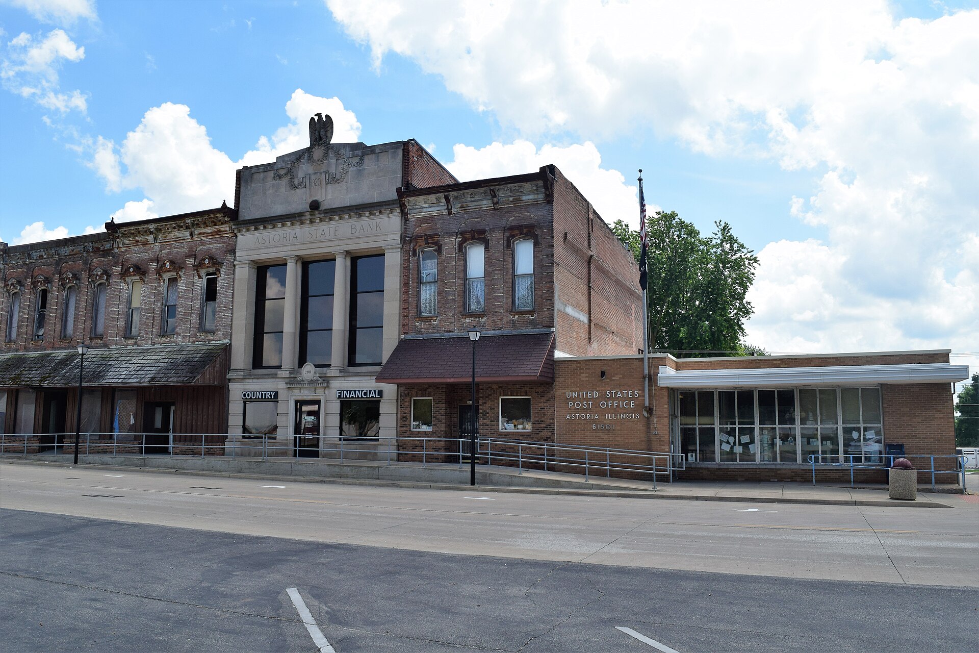 Buildings in downtown Astoria, Illinois, including the Astoria post office.