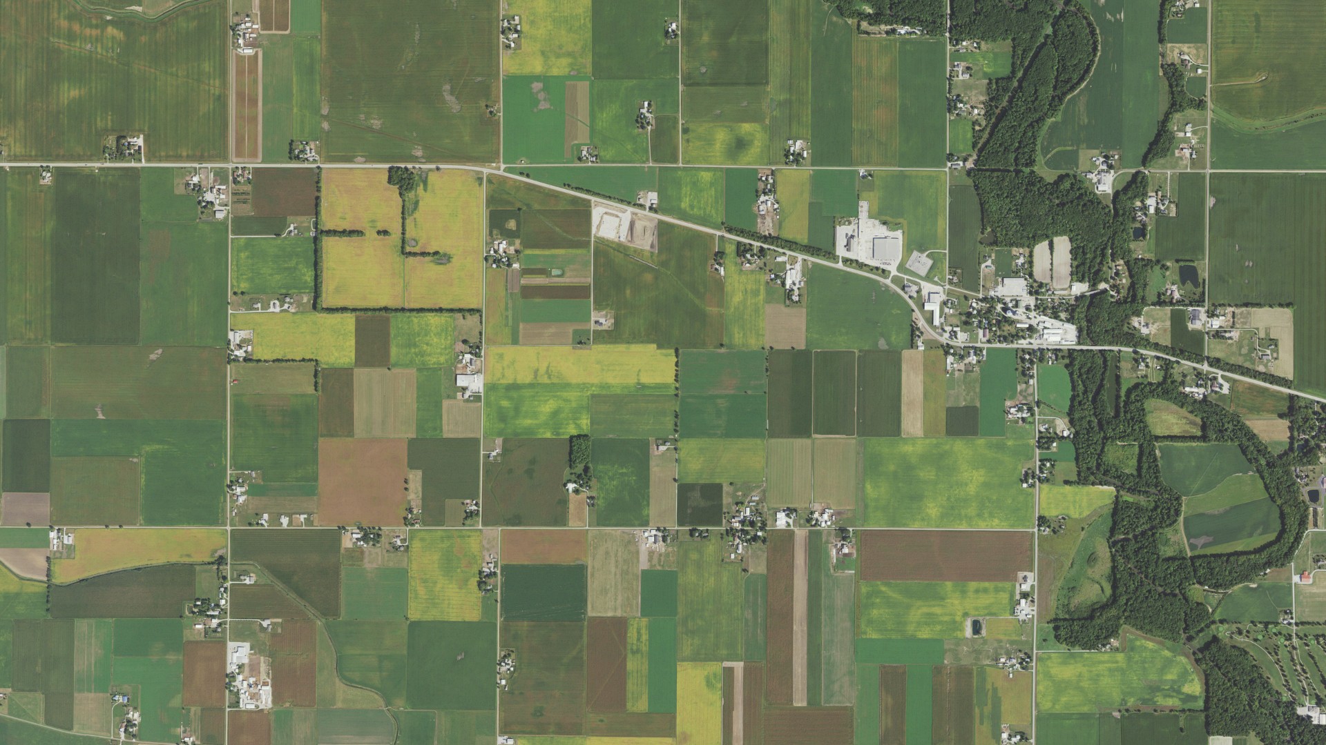 Natural-color aerial photograph of land around Bourbon, Illinois