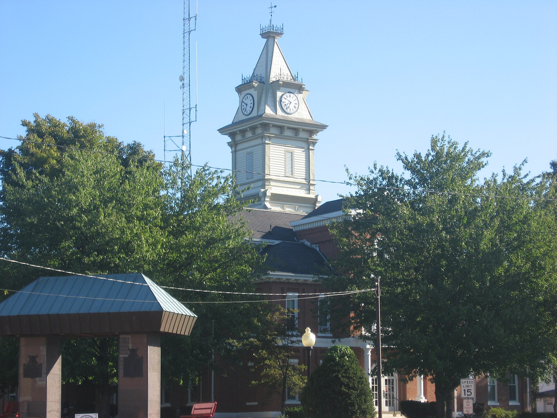 Southern and western sides of the Edwards County Courthouse, located along Illinois Routes 15/130 on Courthouse Square in downtown Albion, Illinois, United States. It was built in 1888.