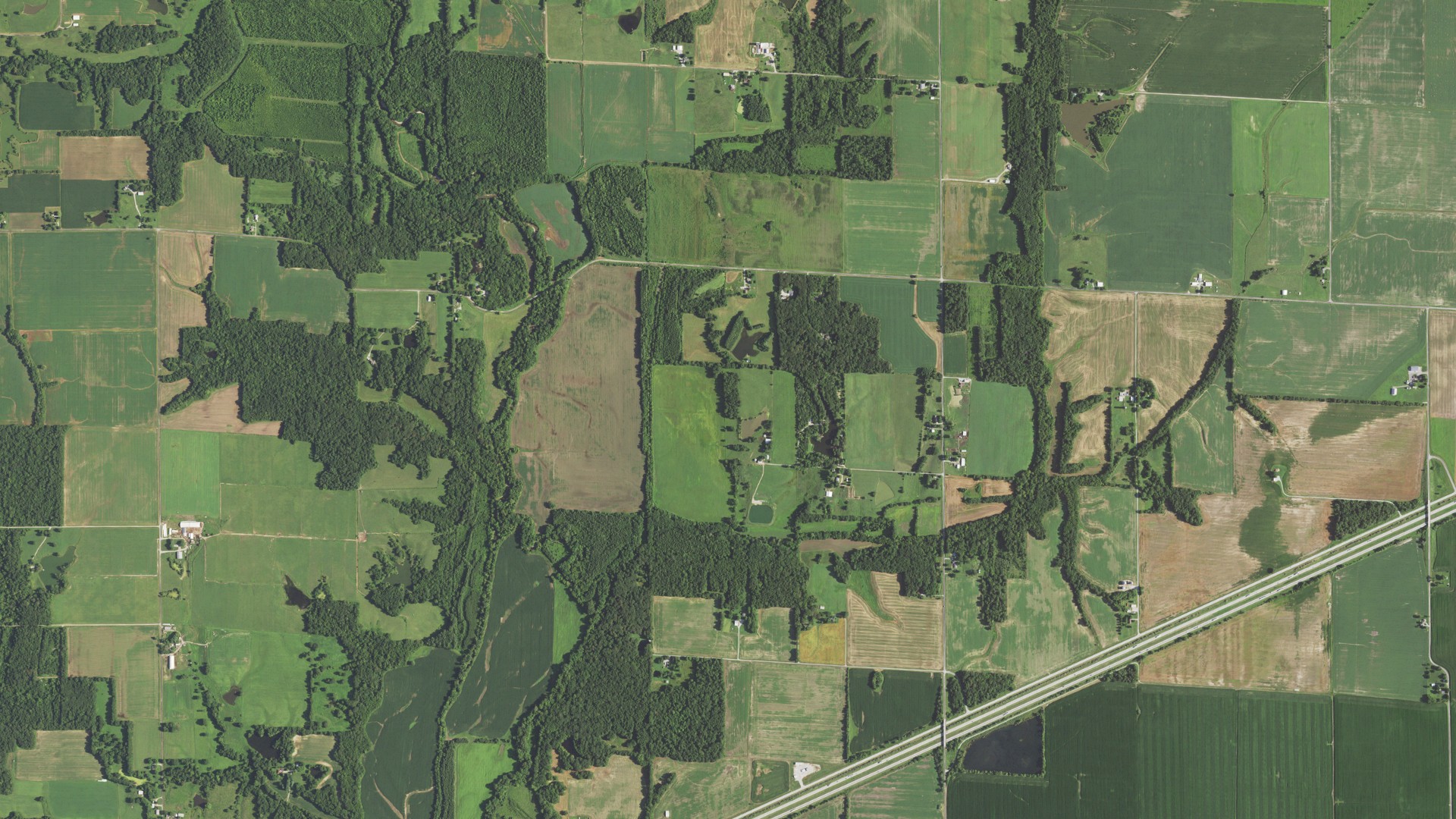 Natural-color aerial photograph of land around Bear Grove, Illinois