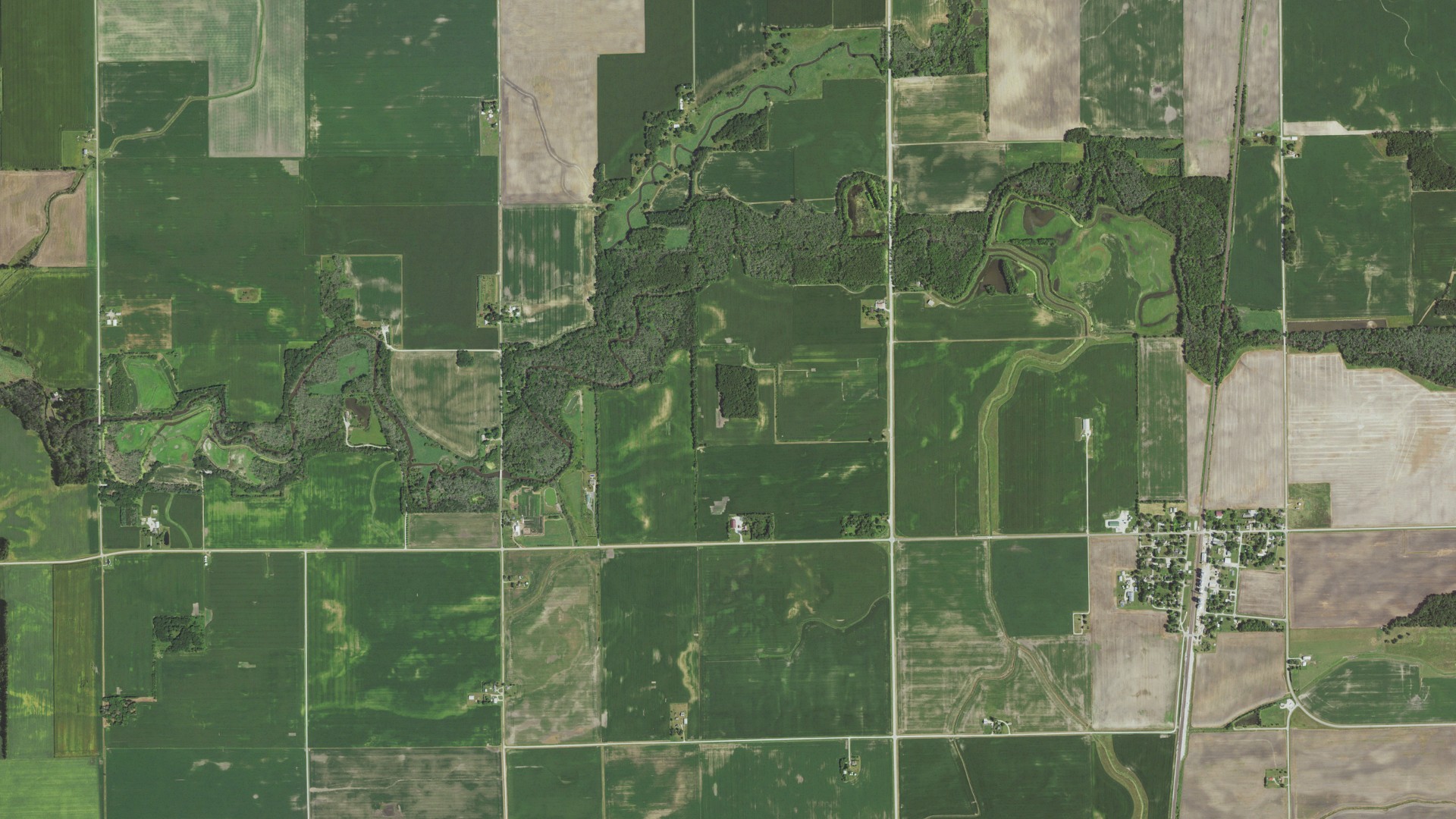 Aerial view of land around Papineau, Illinois