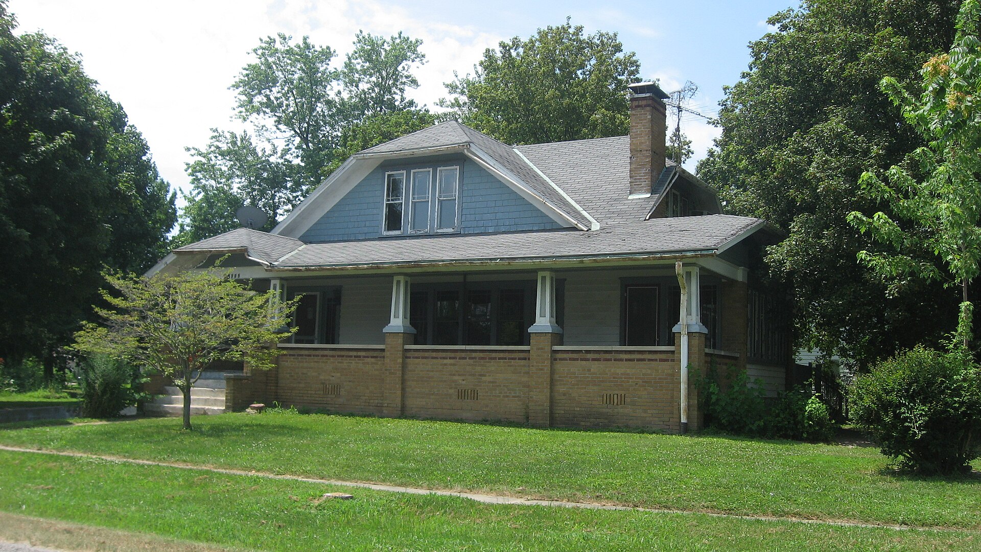 Front of the Floyd and Glenora Dycus House, located at 305 S. Second Street in Brownstown, Illinois, United States. Built in 1933, it is listed on the National Register of Historic Places.