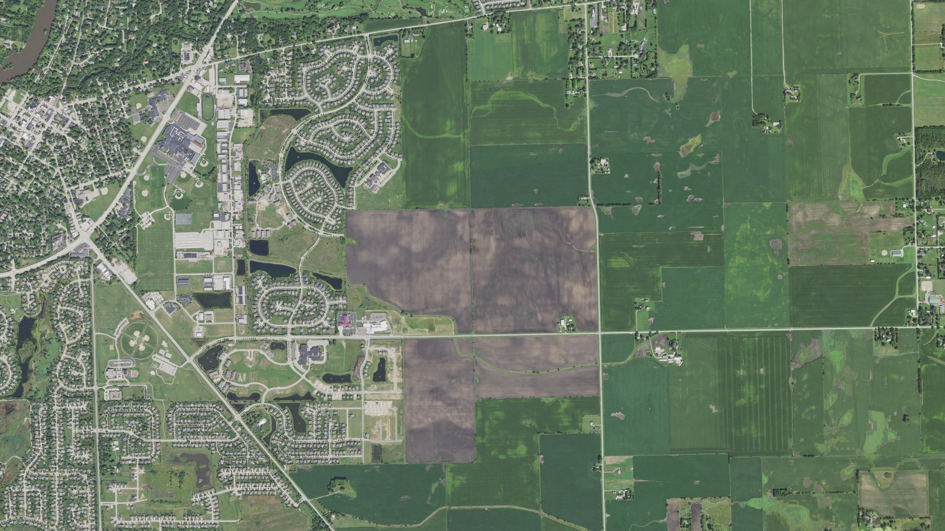 Aerial view of land around Oswego, Illinois