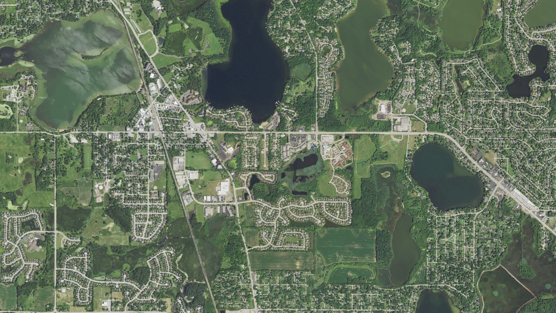 Natural-color aerial photograph of land around Lake Villa, Illinois