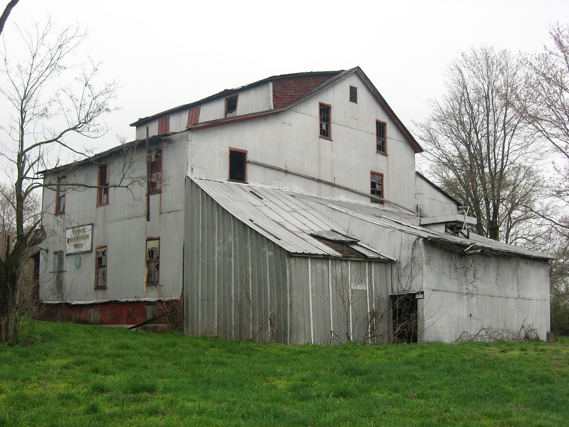 Front and eastern side of the Old Morrison Mill, located at the junction of Second and Mill Streets in Burnt Prairie, Illinois, United States.