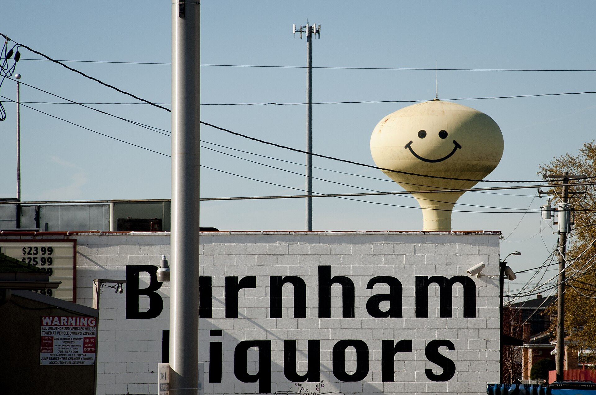 One of two water towers adorned with a smiley in Calumet City, Illinois. (November 2010)