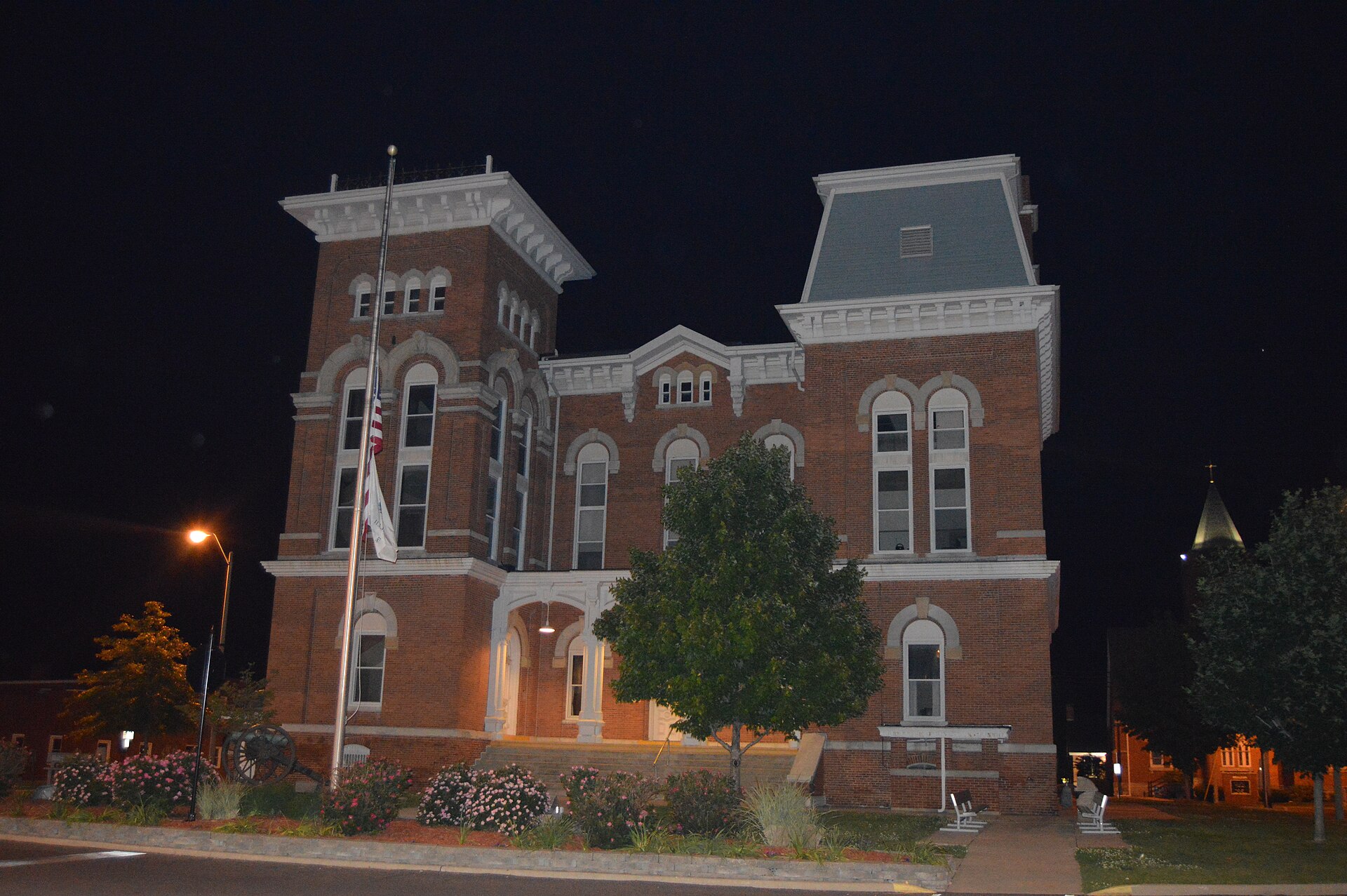 Front of the Montgomery County Courthouse, located on Courthouse Square in Hillsboro, Illinois, United States. Built in 1871, it is listed on the National Register of Historic Places.