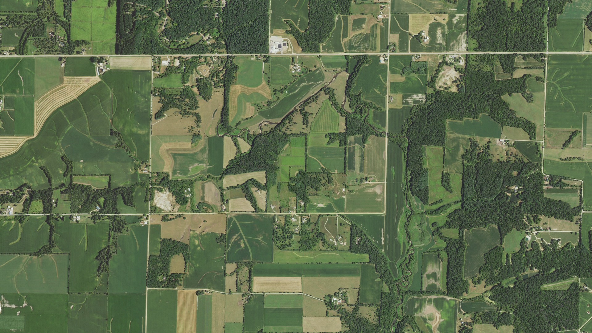 Aerial view of land around Pine Creek, Illinois
