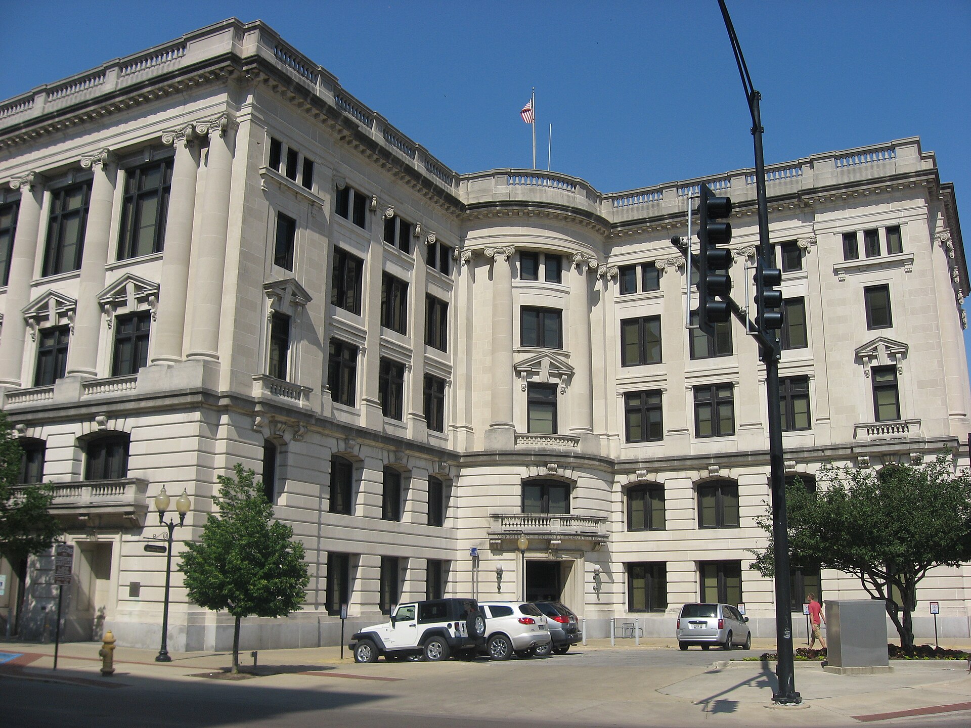 Front of the Vermilion County Courthouse, located on the northeastern corner of the junction of Main (U.S. — Illinois