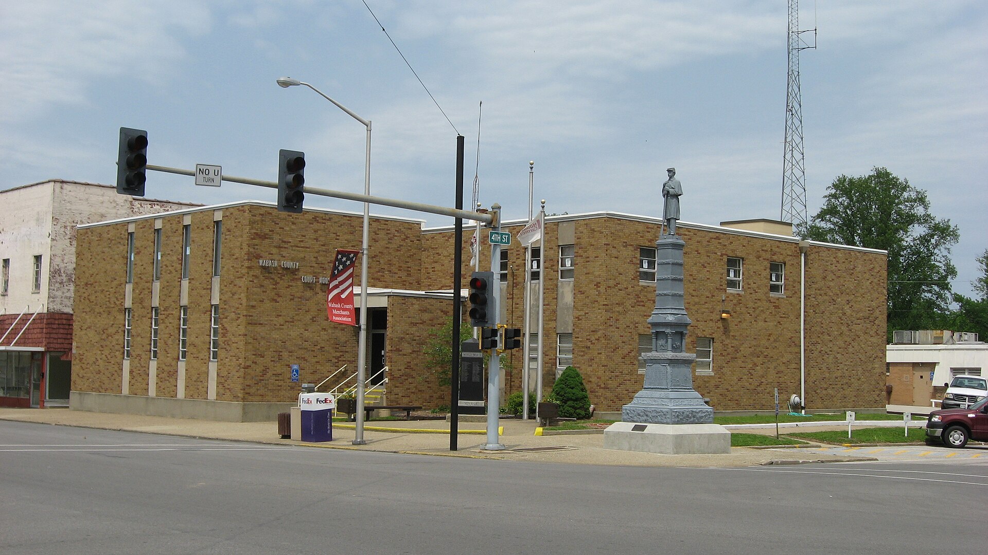 Front of the Wabash County Courthouse, located on the northeastern corner of the junction of Market and Fourth Streets in downtown Mount Carmel, Illinois, United States, and built in 1959.