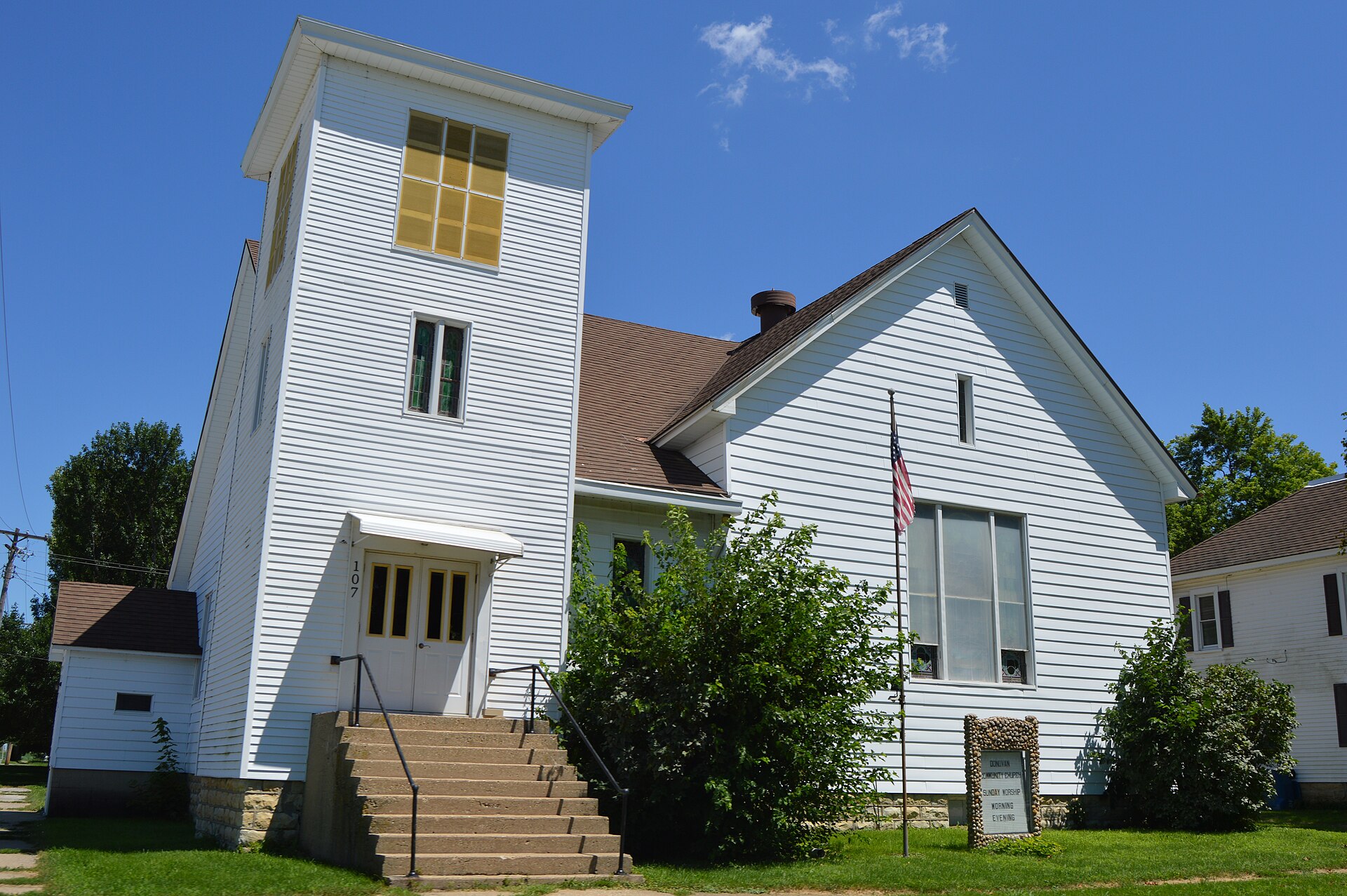 Front of the Donovan Community Church, located at 107 Raub Avenue (U.S. Route 52) in Donovan, Illinois, United States.