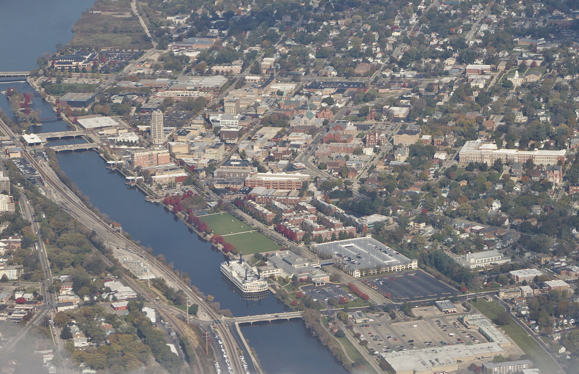 An aerial view of downtown Elgin, Illinois, a suburb of Chicago on the Fox River.