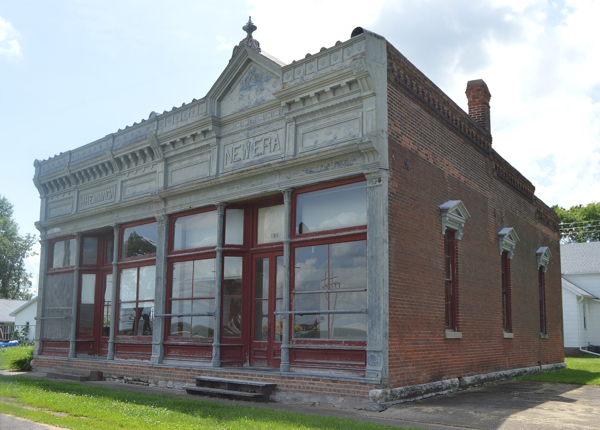 Front and northern side of the Exchange Bank, located on Quincy Street in Golden, Illinois, United States. Built in 1891, it is listed on the National Register of Historic Places.