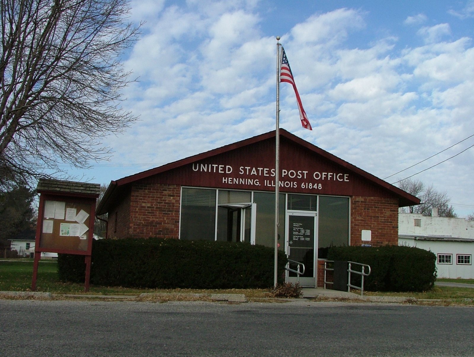 The post office at 122 Lane Street in Henning, Illinois, USA, looking north