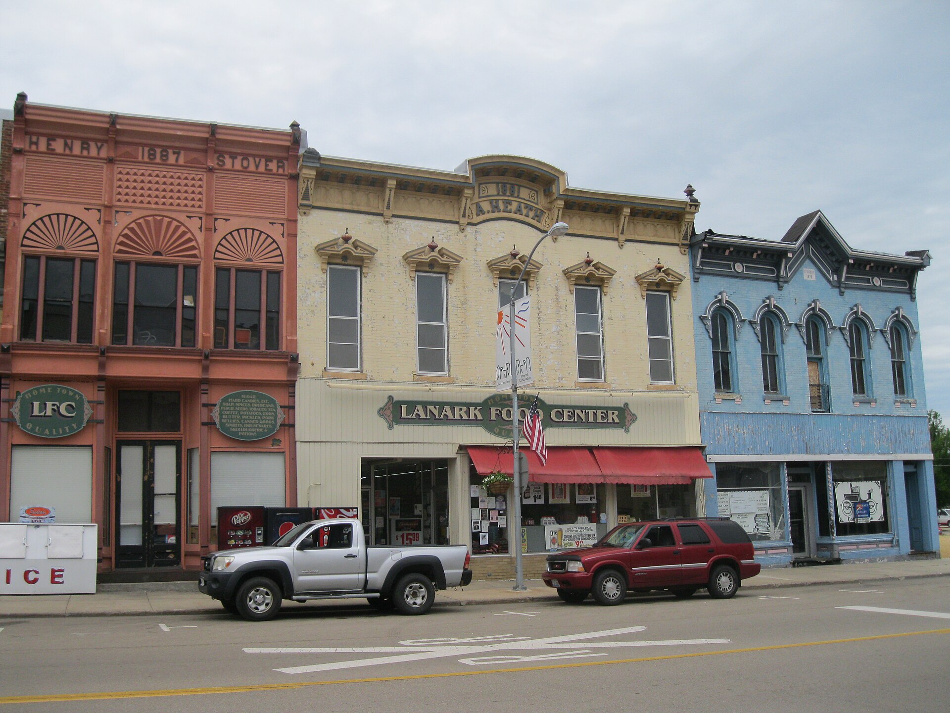 Historic storefronts in Lanark, Illinois.