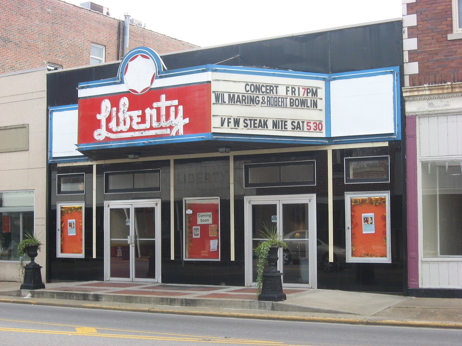 Front of the Liberty Theater, located at 1333 Walnut Street (Illinois Route 149) in Murphysboro, Illinois, United States. Built in 1913, it is listed on the National Register of Historic Places.