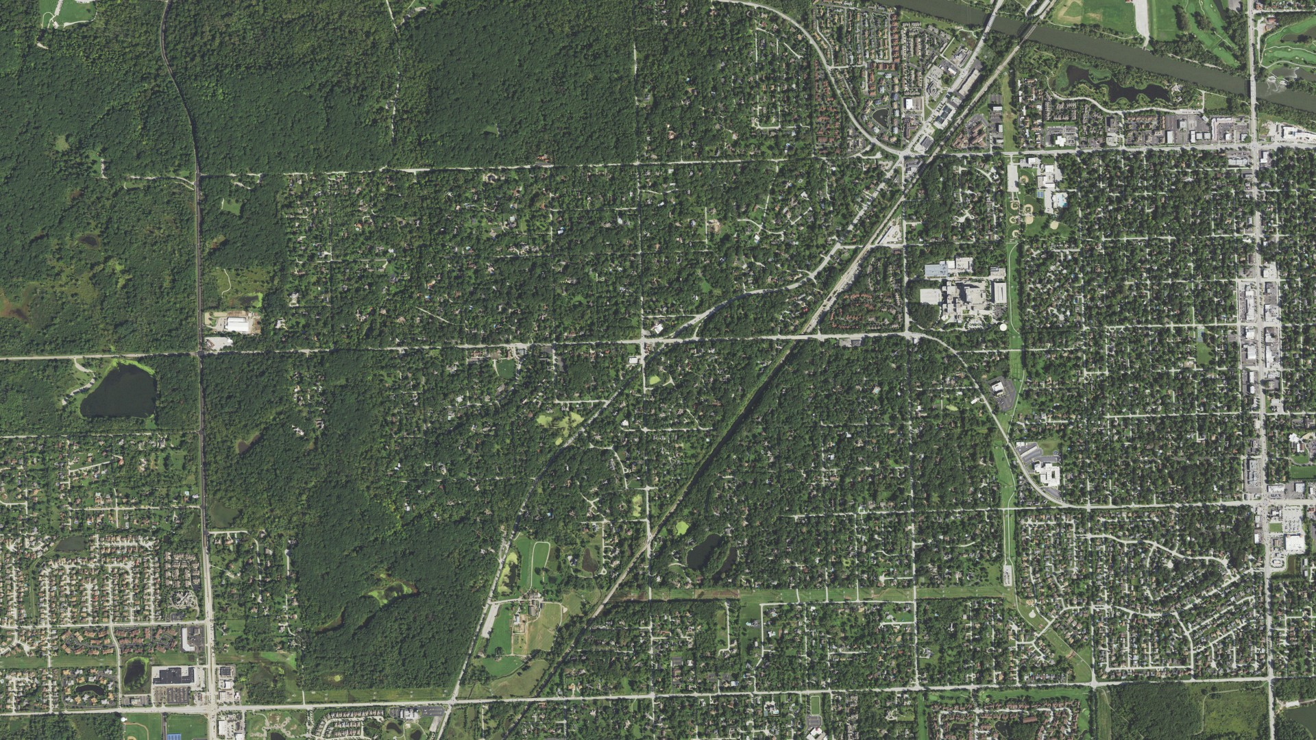 Natural-color aerial photograph of land around Palos Park, Illinois