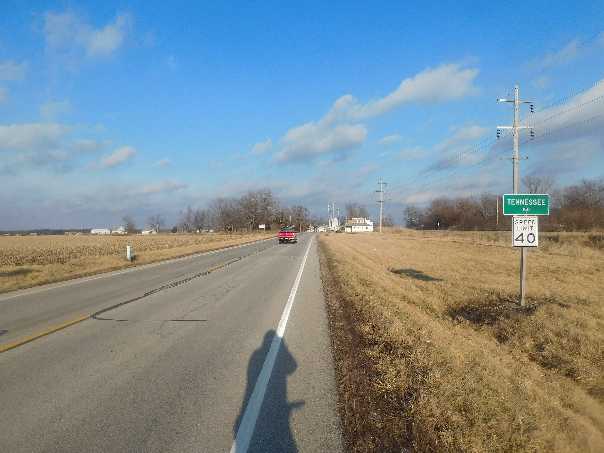 U.S. Route 136 westbound approaching the village of Tennessee, Illinois.