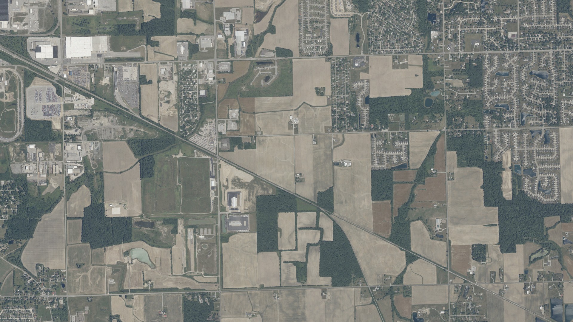 Natural-color aerial photograph of land around Adams, Indiana