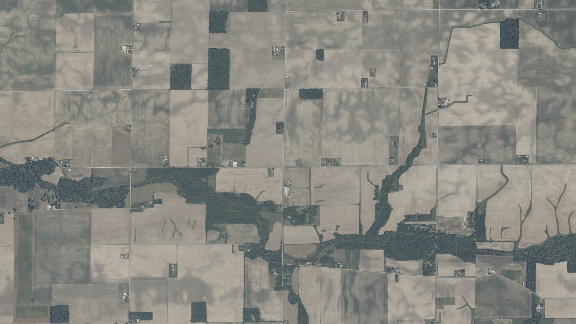 Aerial view of land around Deer Creek, Indiana