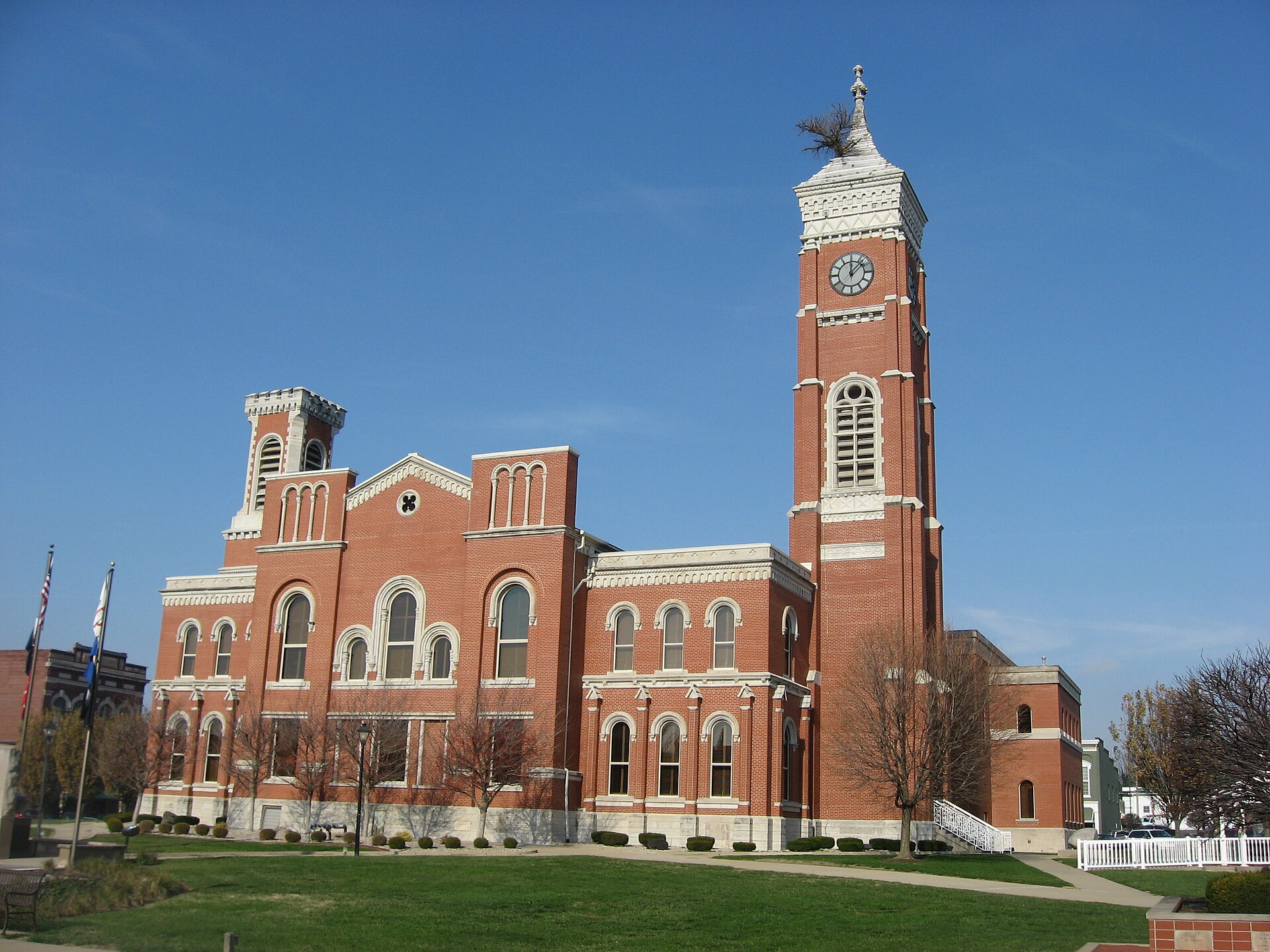 Front and eastern side of the Decatur County Courthouse, located on Courthouse Square in Greensburg, Indiana, United States.