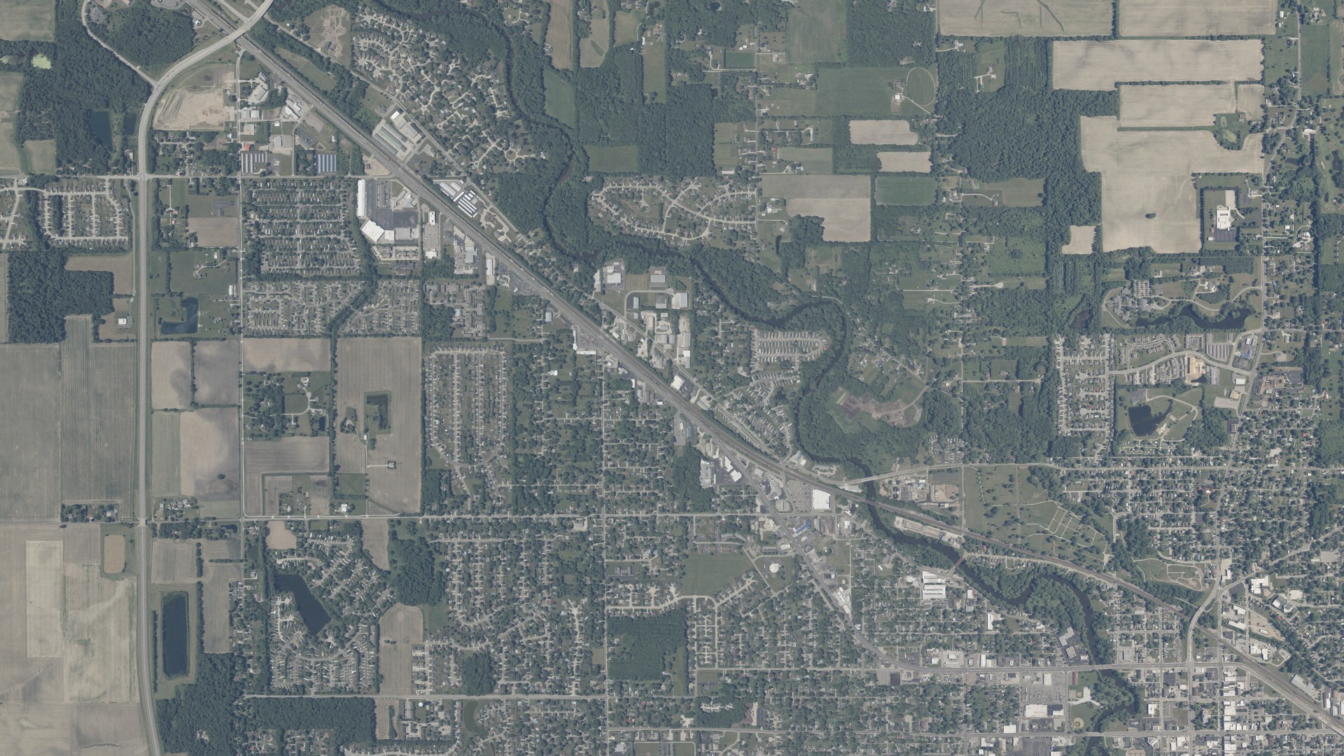Natural-color aerial photograph of land around Elkhart County, Indiana