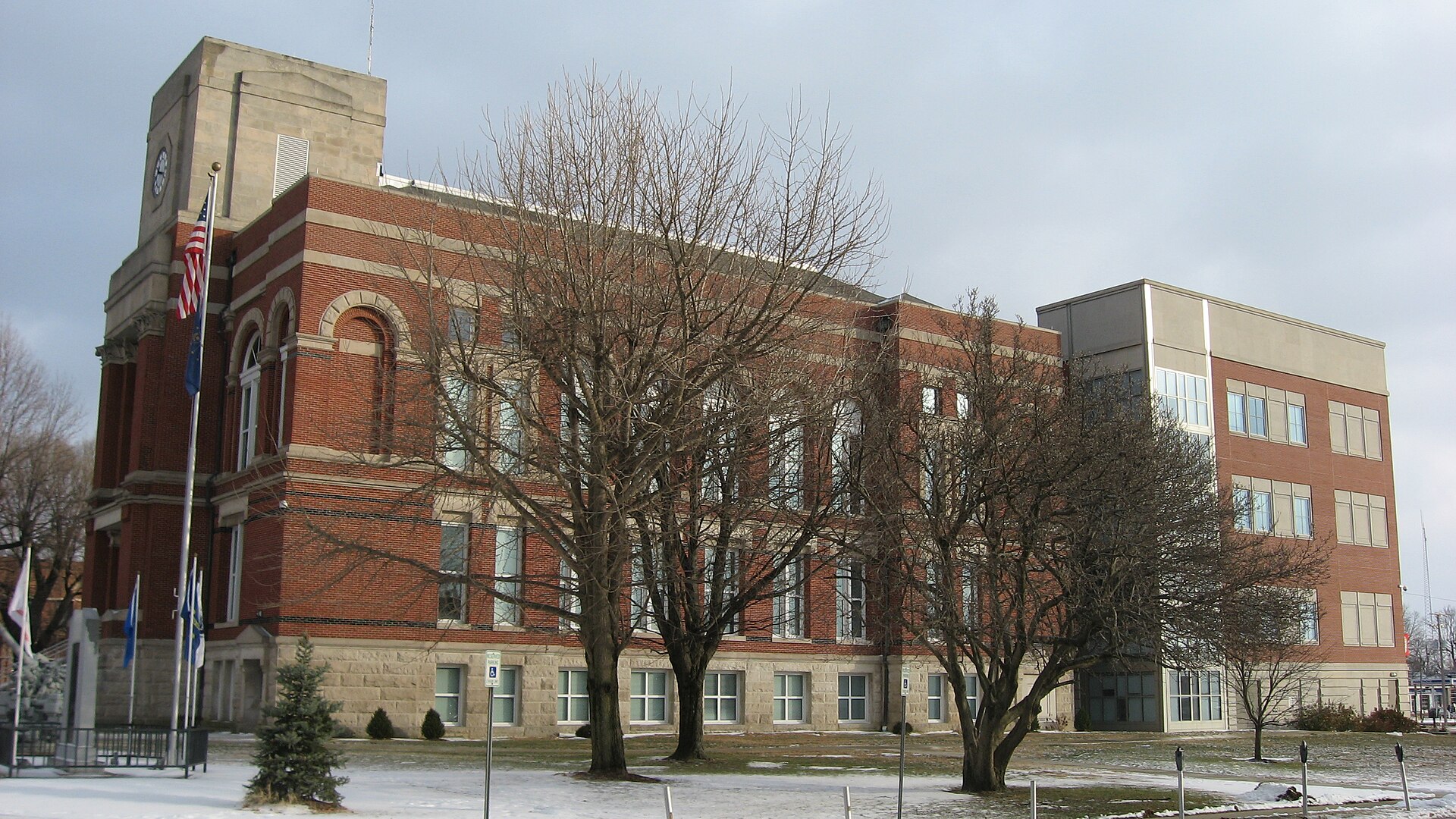 Western side of the Greene County Courthouse, located on Courthouse Square in downtown Bloomfield, Indiana, United States. Built in 1885, it is listed on the National Register of Historic Places.