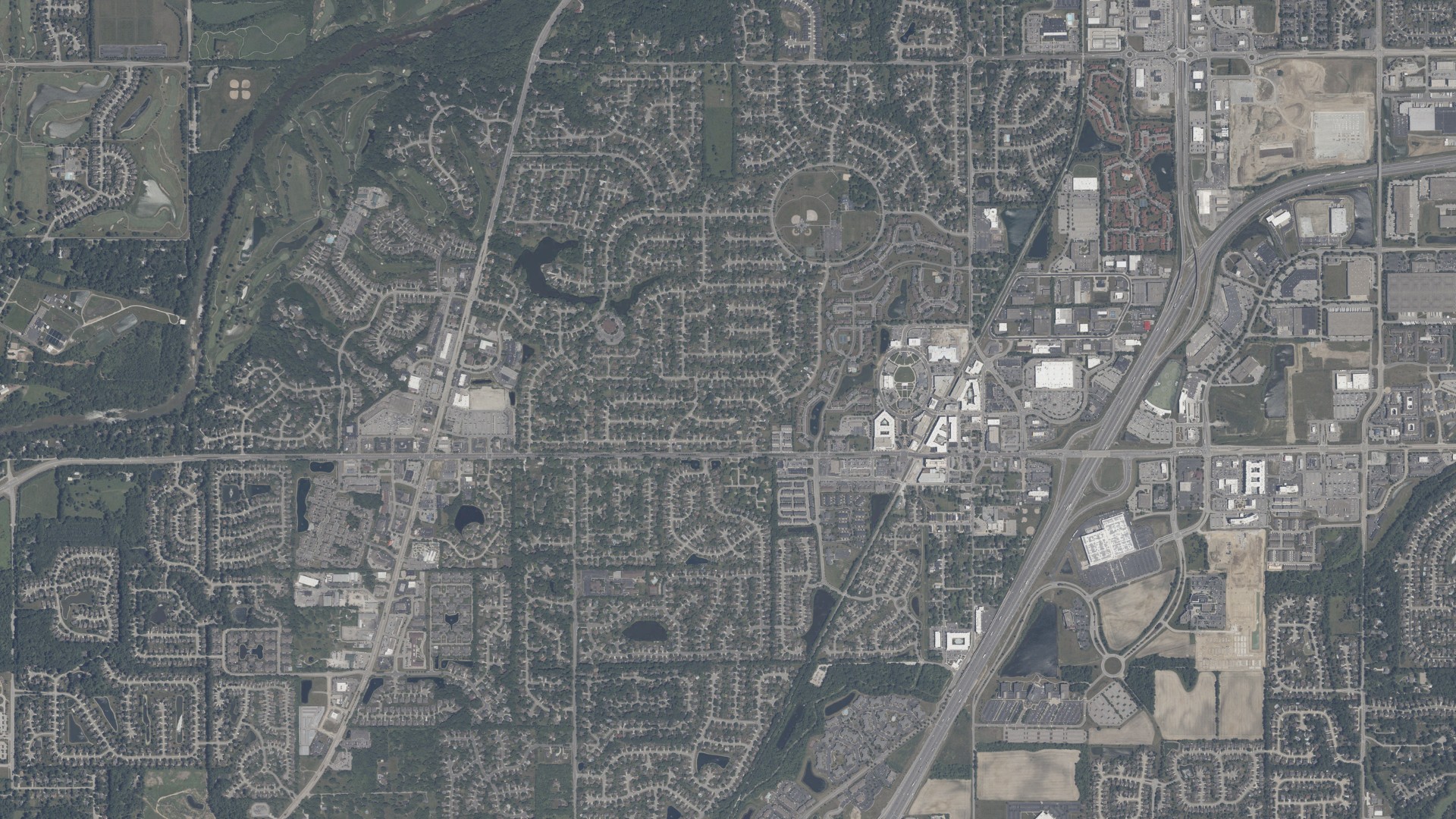 Aerial view of land around Delaware, Indiana
