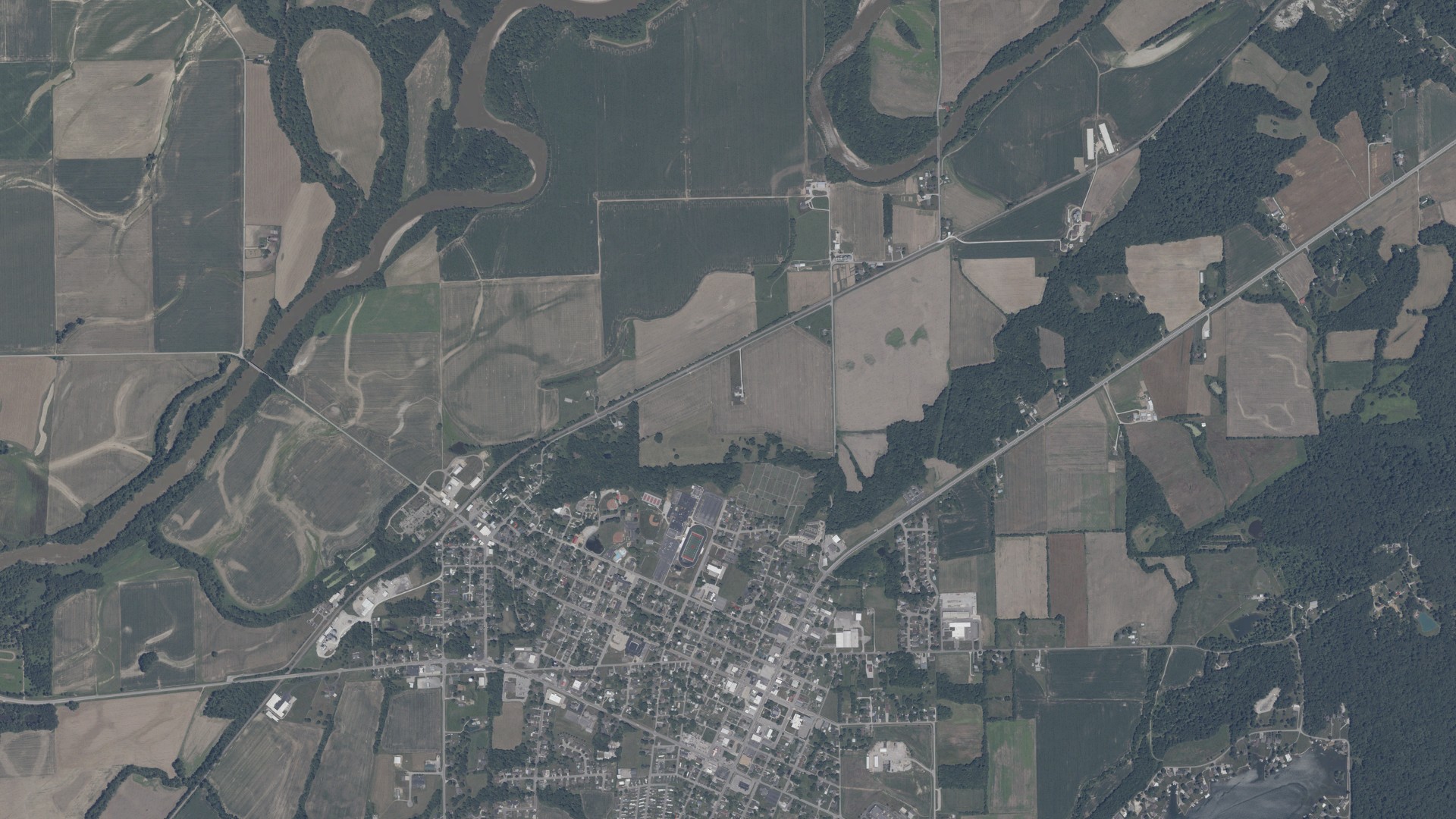 Natural-color aerial photograph of land around Brownstown, Indiana