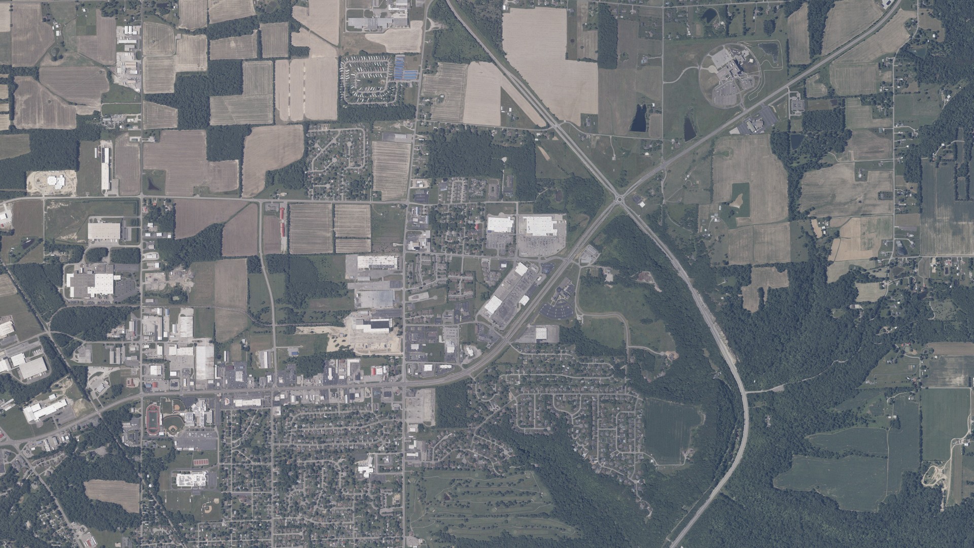 Aerial view of land around Madison, Indiana