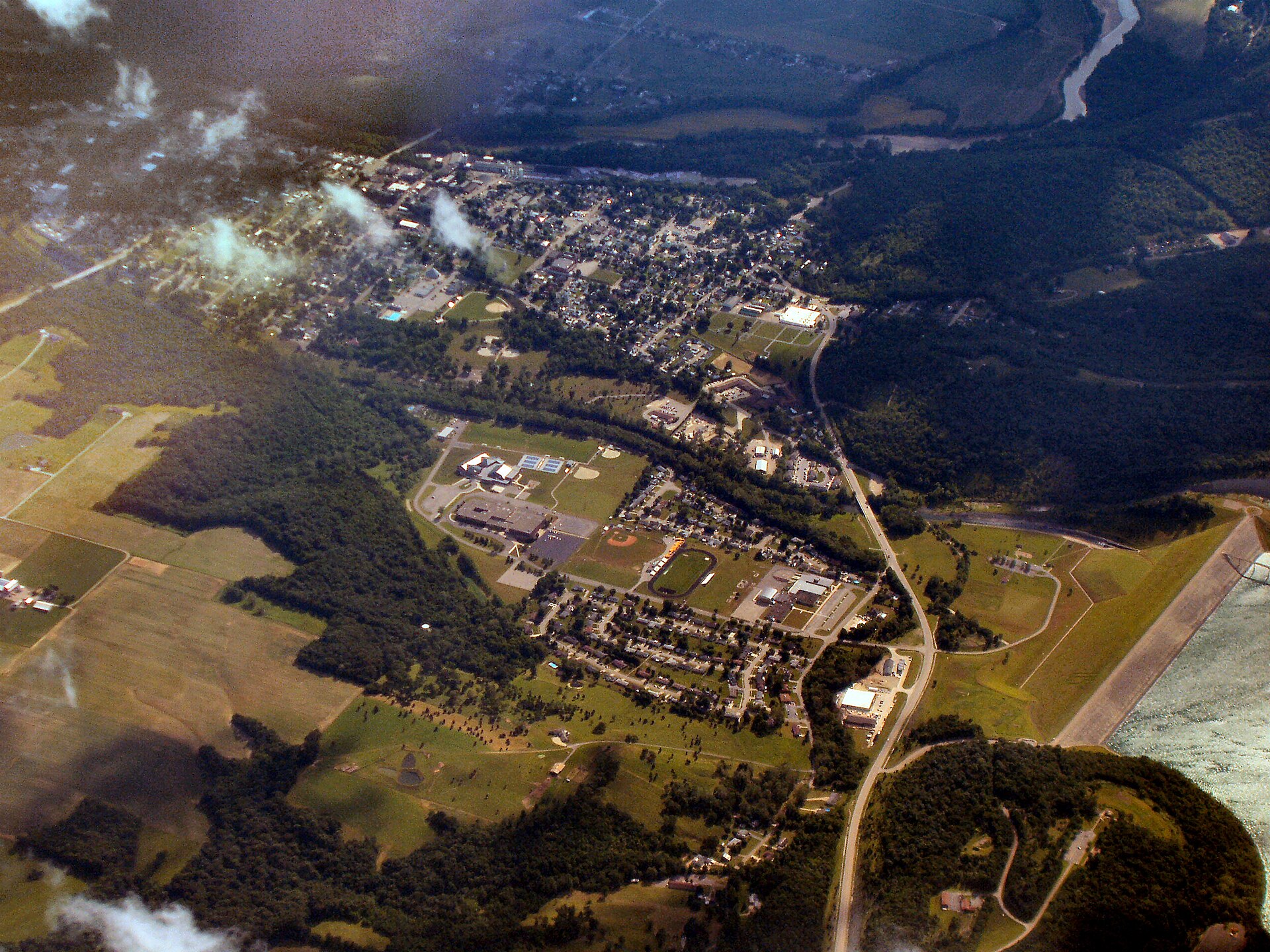 An aerial view of Brookville, Indiana. The Brookville Lake Dam is visible at far right.