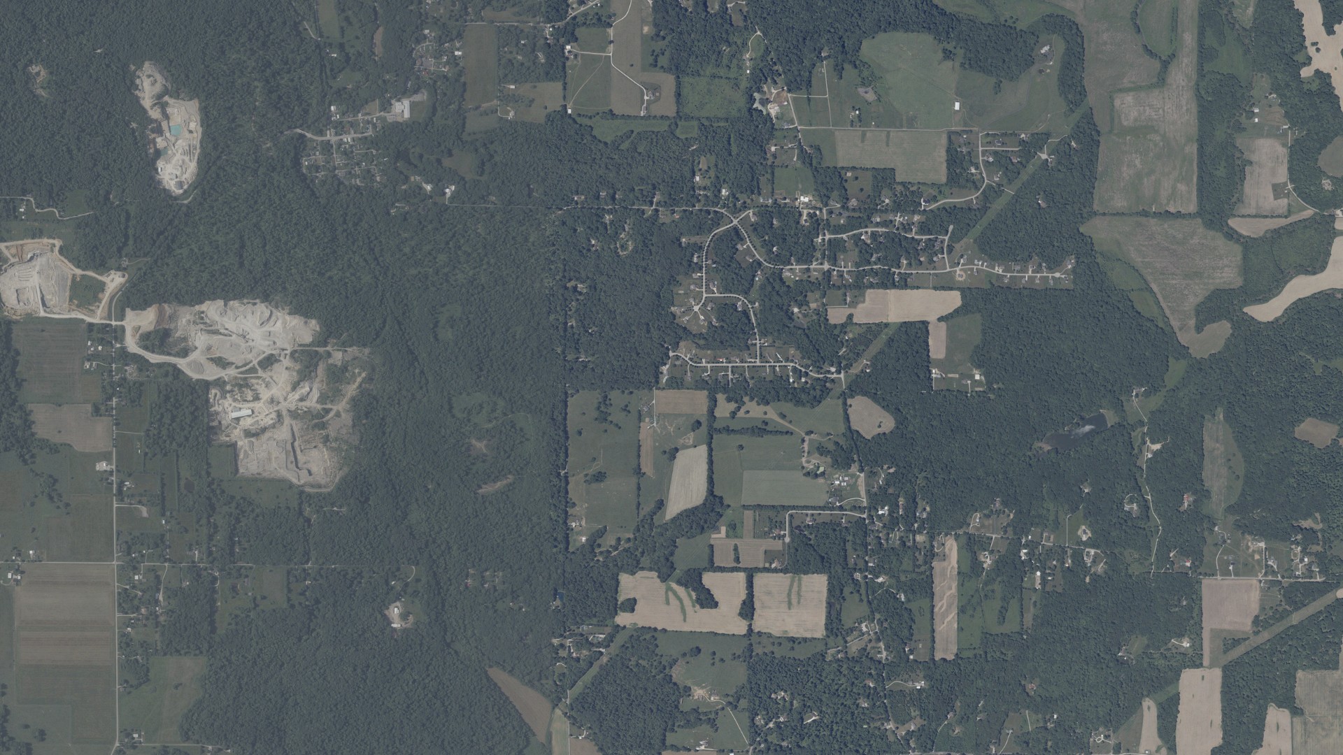 Aerial view of land around Bean Blossom, Indiana