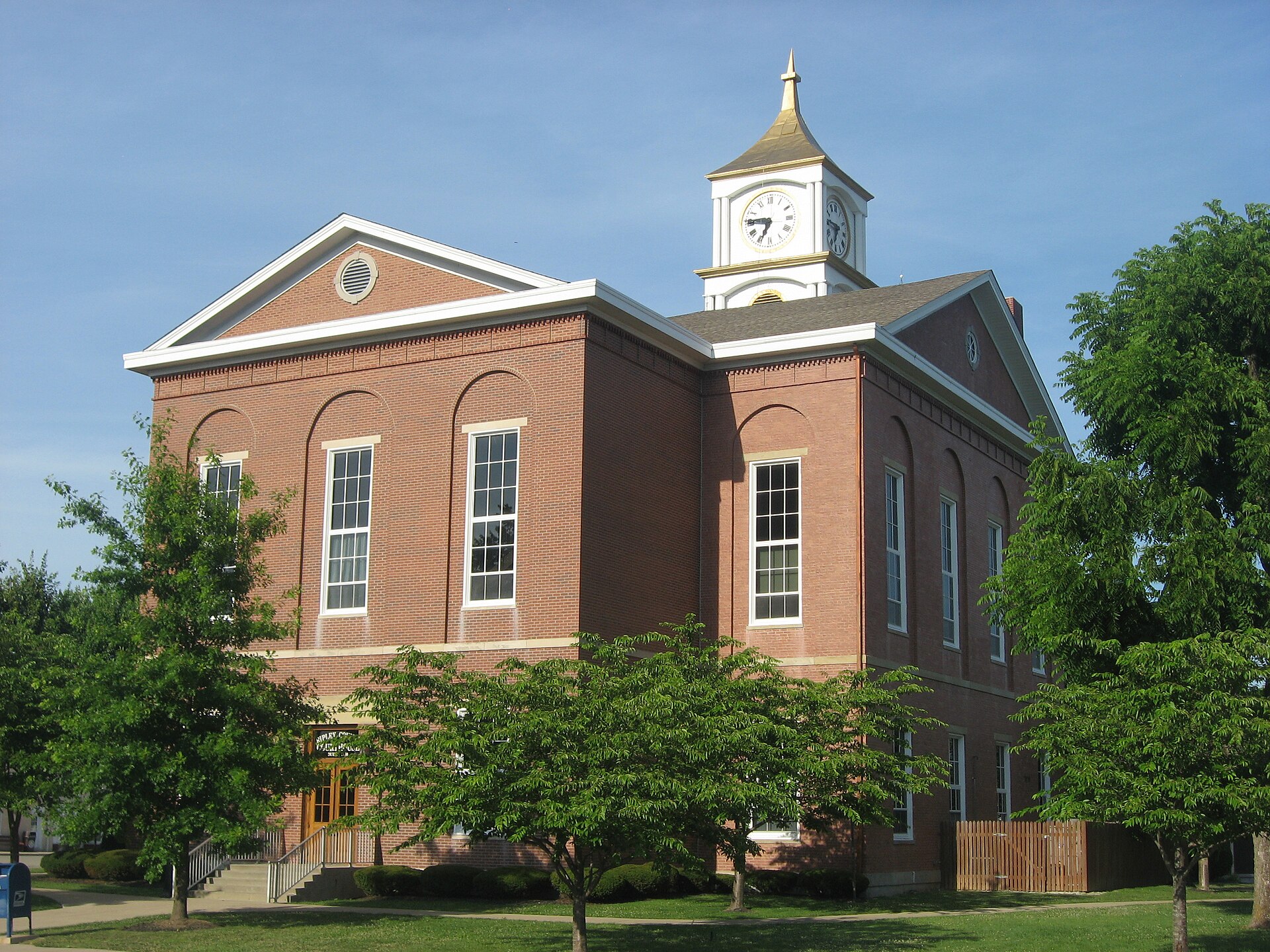 Western and southern sides of the Ripley County Courthouse, located on Courthouse Square in Versailles, Indiana, United States.