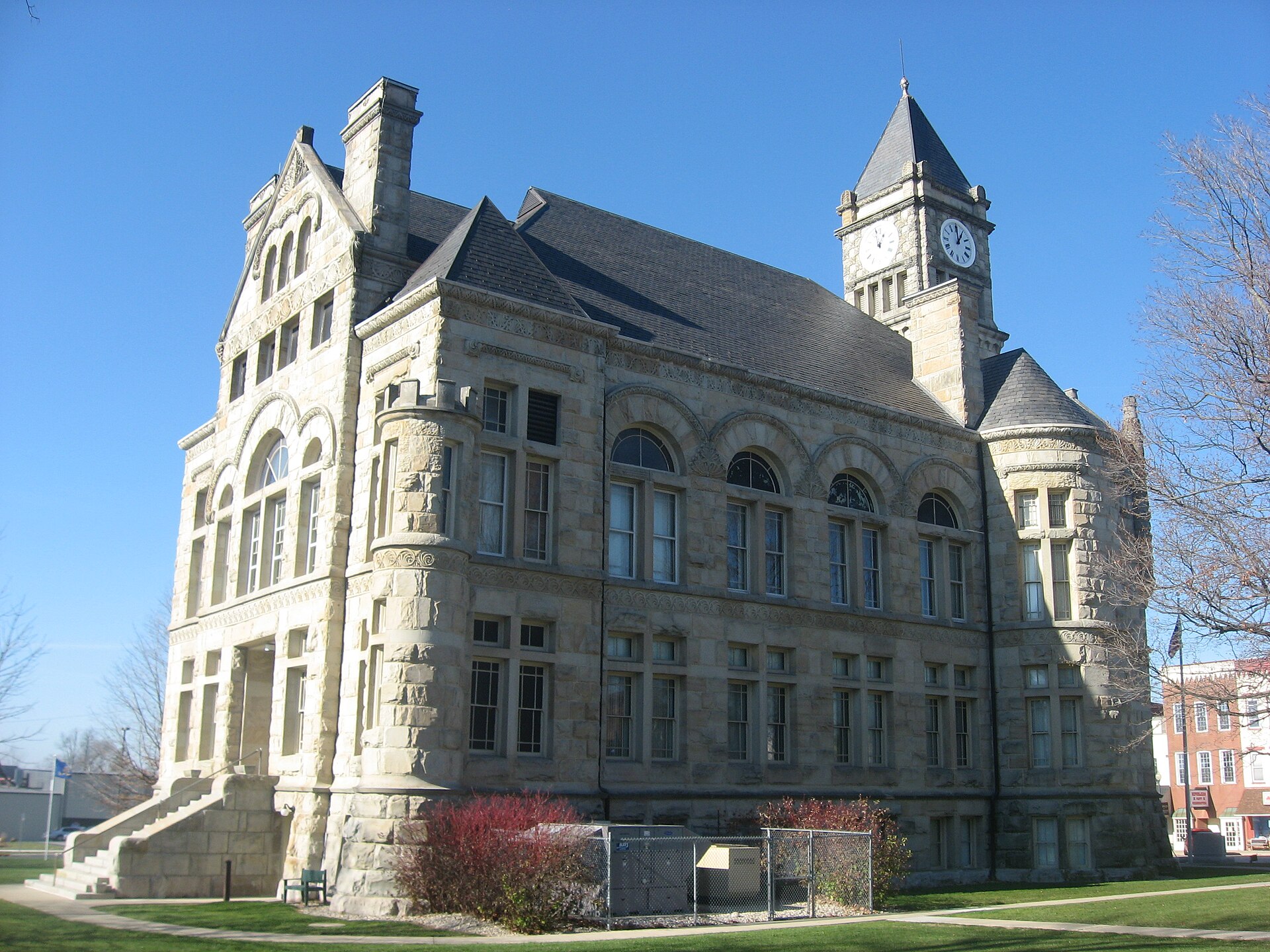 Eastern side and rear of the Union County Courthouse, located on Courthouse Square in downtown Liberty, Indiana, United States. Built in 1890, it is listed on the National Register of Historic Places.